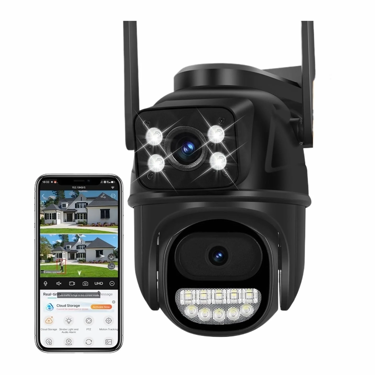 Kamera bezpieczeństwa, Kamera Wi-Fi z podwójnym obiektywem, AI, automatyczne śledzenie, wodoodporna, kamera do monitoringu CCTV, IP alarmem i oświetleniem policyjnym(ADD 128G)