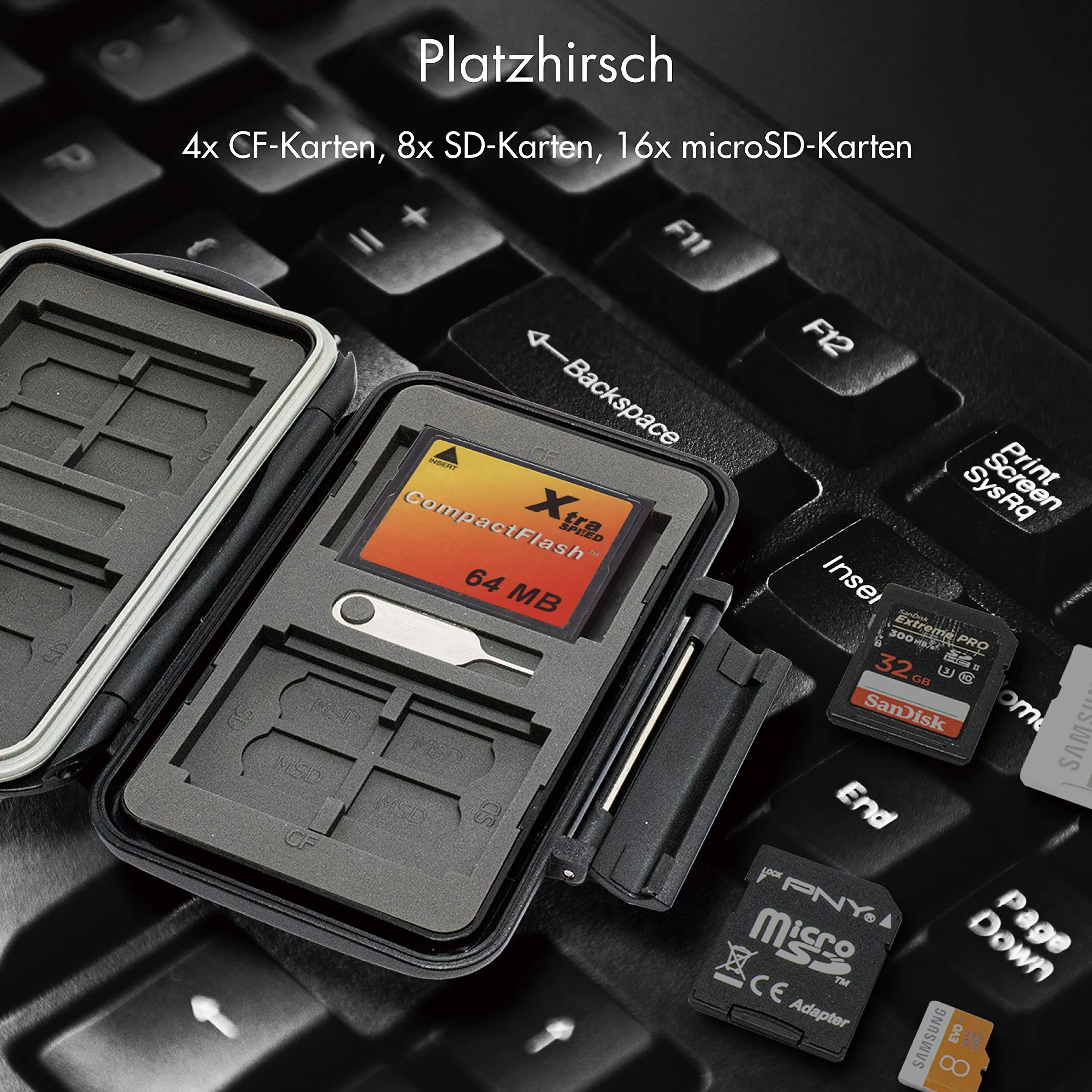 ICY BOX Przechowywanie kart SD na 28 kart pamięci (8 x SD, 16 x Micro-SD, 4 x CF), zamknięcie na zatrzask, etui z karabińczykiem, czarne