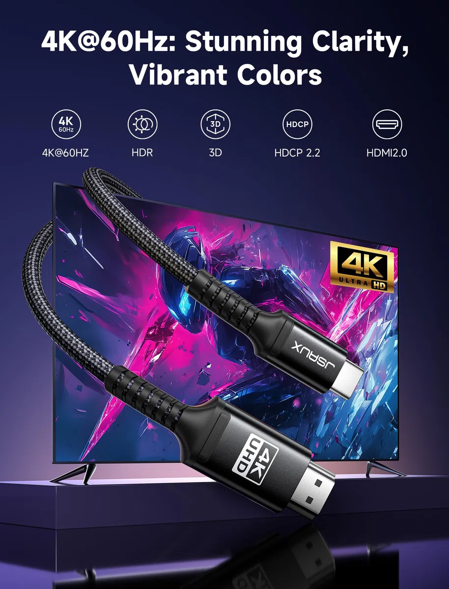 JSAUX Kabel USB C na HDMI, 4 m, USB typu C na HDMI 4K UHD (kompatybilny z Thunderbolt 3) kompatybilny z MacBook Pro 2018/2017, MacBook Air/iPad Pro 2018, Samsung Galaxy S10, Surface Book 2 itp.,czarny