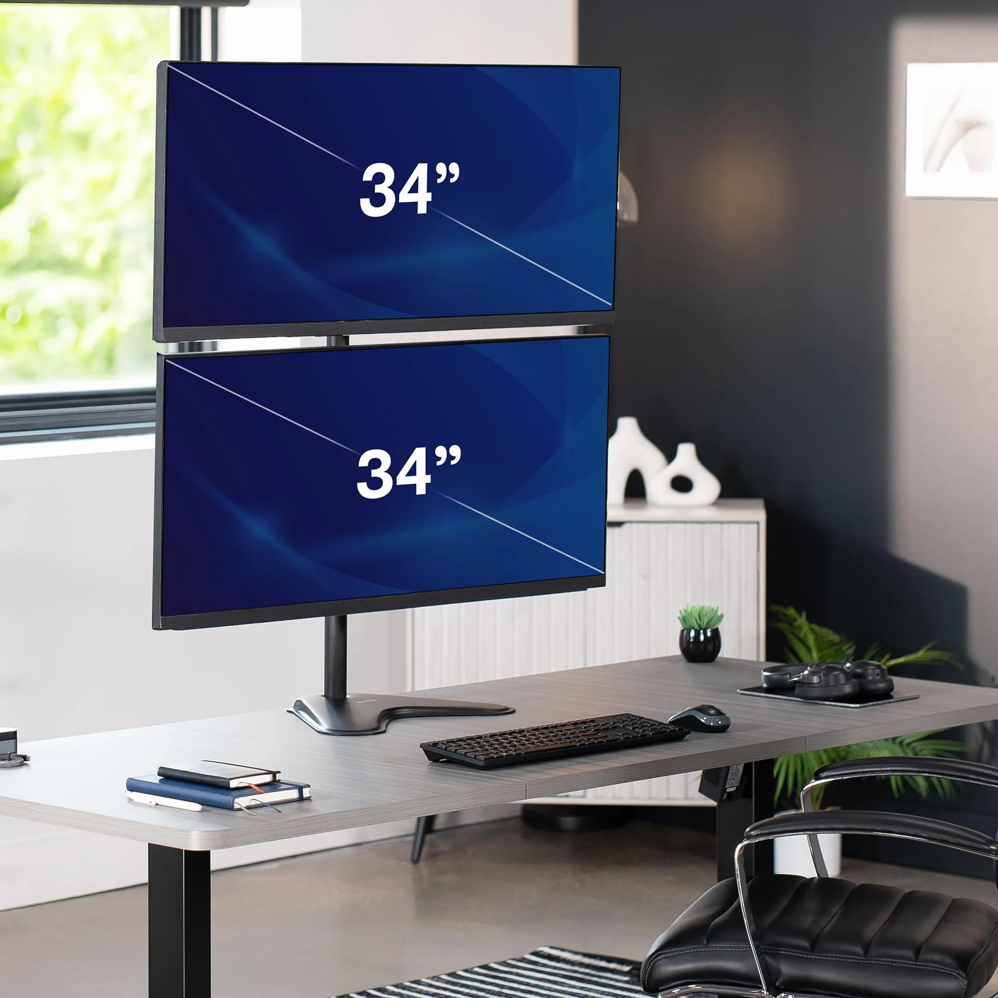 VIVO Stojak na biurko z podwójnym monitorem, wolnostojący uchwyt LCD, mieści się w pozycji pionowej, 2 ultrawide ekrany do 86.4 cm, czarny, STAND-V002L