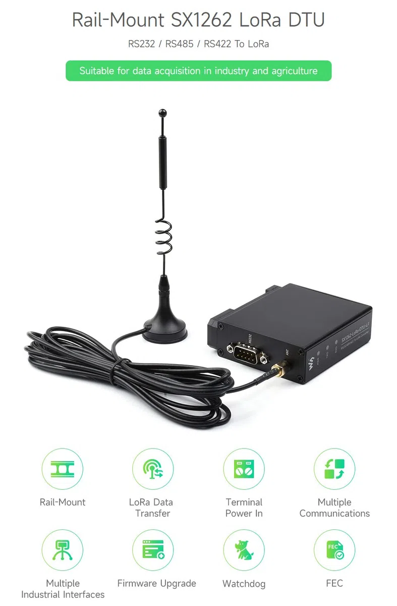 Waveshare Rail-Mount SX1262 LoRa Data Transfer Unit, RS232/RS485/RS422 to LoRa, Suit for Sub-GH, HF version, Applicable to Europe/North America/Oceania