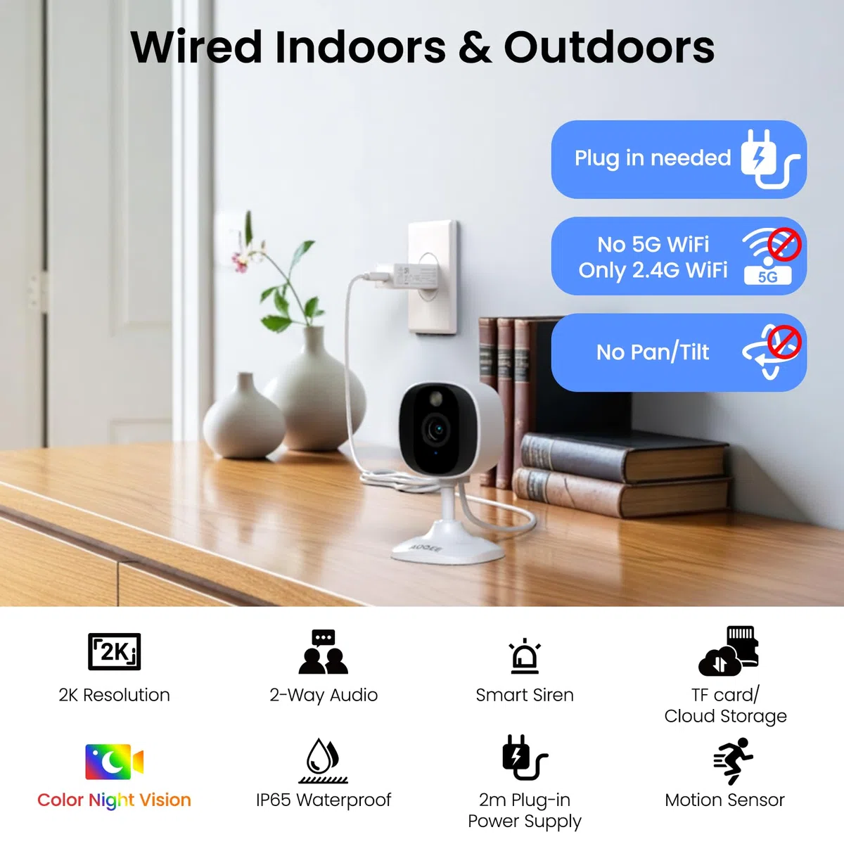 AOQEE 2 zestawy kamer bezpieczeństwa do wewnątrz - 2K kamera dla zwierząt domowych do monitorowania niemowląt, CCTV do domu, wykrywanie ludzi, wodoodporna IP65, 24/7 przechowywanie, noktowizor w