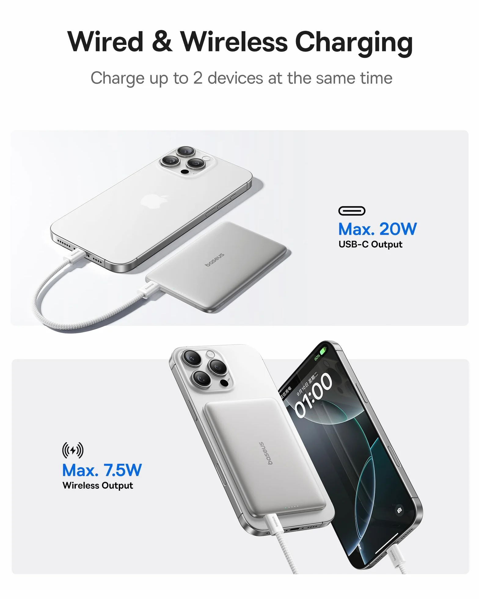 Baseus Picogo AM41 Power Bank, Ultra Slim 5000 mAh, Magsafe Powerbank, szybkie ładowanie, PD 20 W, przenośny, bezprzewodowy, magnetyczny akumulator zewnętrzny z kablem USB C, do iPhone 17/16/15/14/13