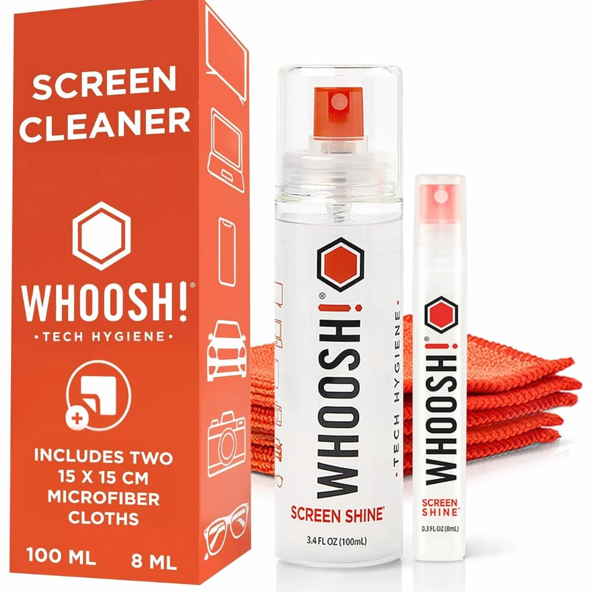 WHOOSH! Zestaw do czyszczenia ekranu 8 ml + 100 ml ściereczki z mikrofibry spray do laptopów MacBooków