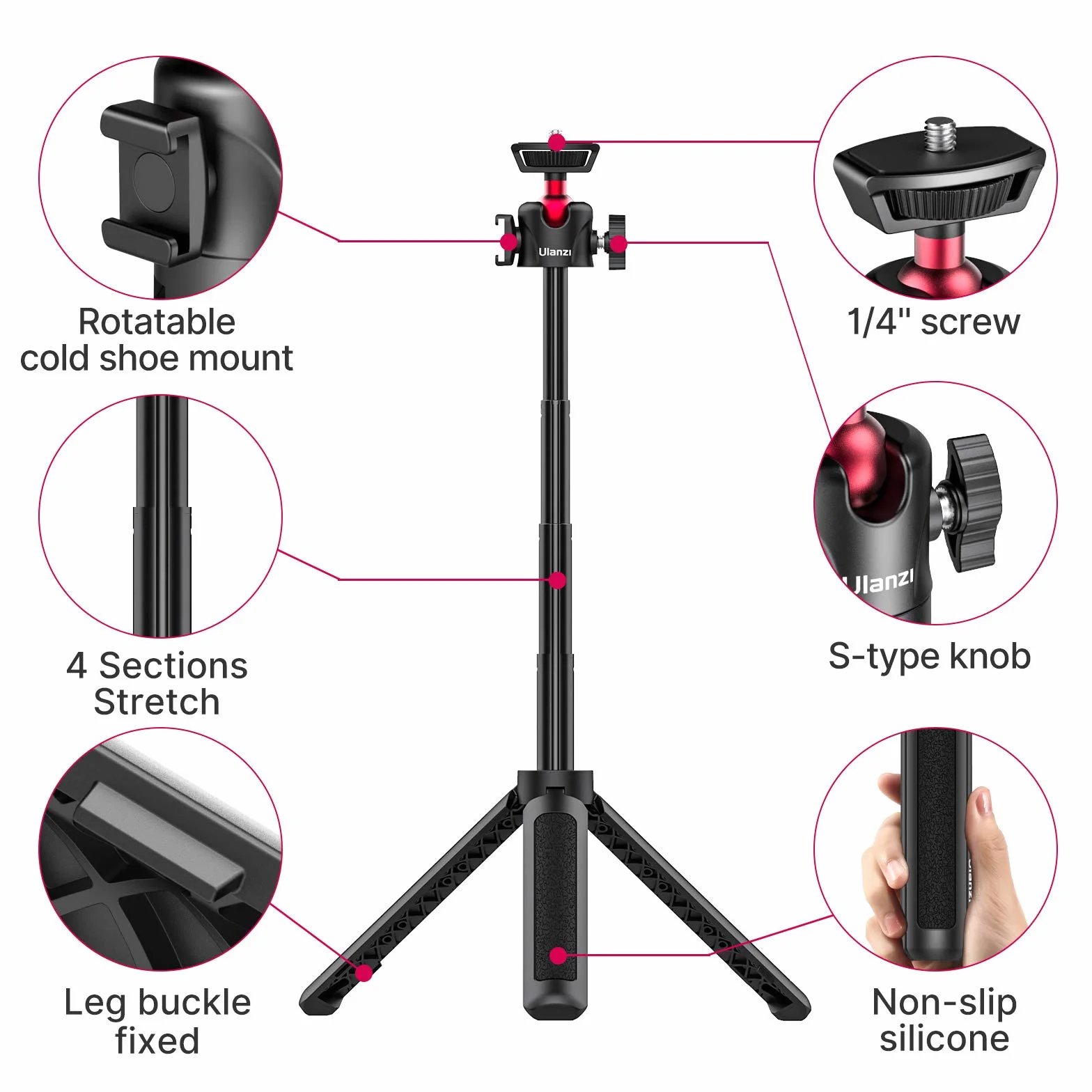 UURig MT-16 Statyw wysuwany 4 poziomy regulacji 360° metalowa głowica kulowa do aparatu telefonu