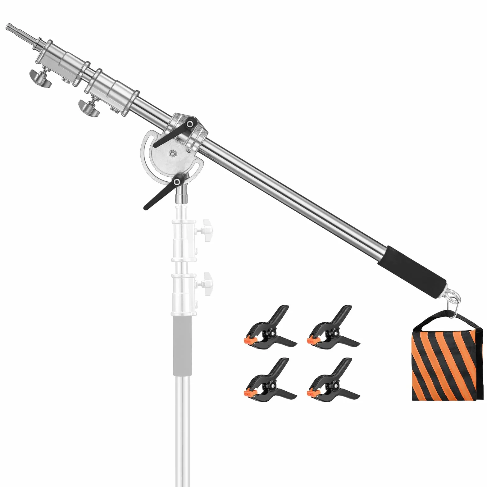 Soonpho Metalowa ciężka szubienica do stojaka, srebrna, ramię wysięgnika 3,6 m do 20 m, stojak na ramię C z workiem na piasek i zaciskiem do studia Monolight Softbox reflektor
