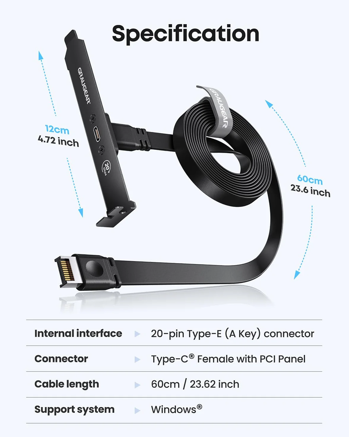 GRAUGEAR 20 Gbit/s USB-C rozszerzenie gniazda PCI, adapter A-Key na USB C, USB 3.2 Gen2 x 2 20 Gbps, 20 pin USB-e Header, czarny