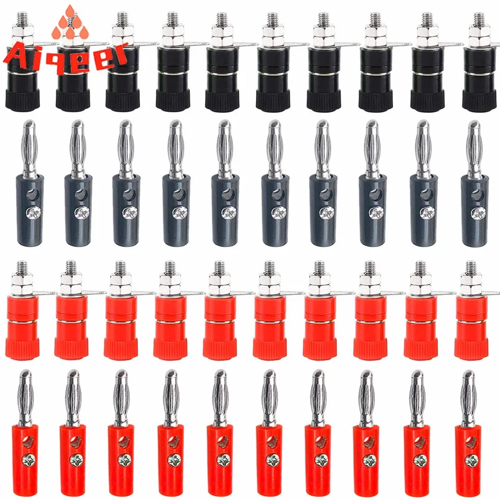 20 par 4 mm Zestaw wtyczek bananowych, niklowana wtyczka bananowa i gniazdo bezpieczeństwa, do głośników, odbiornika audio/wideo (czerwony, czarny)