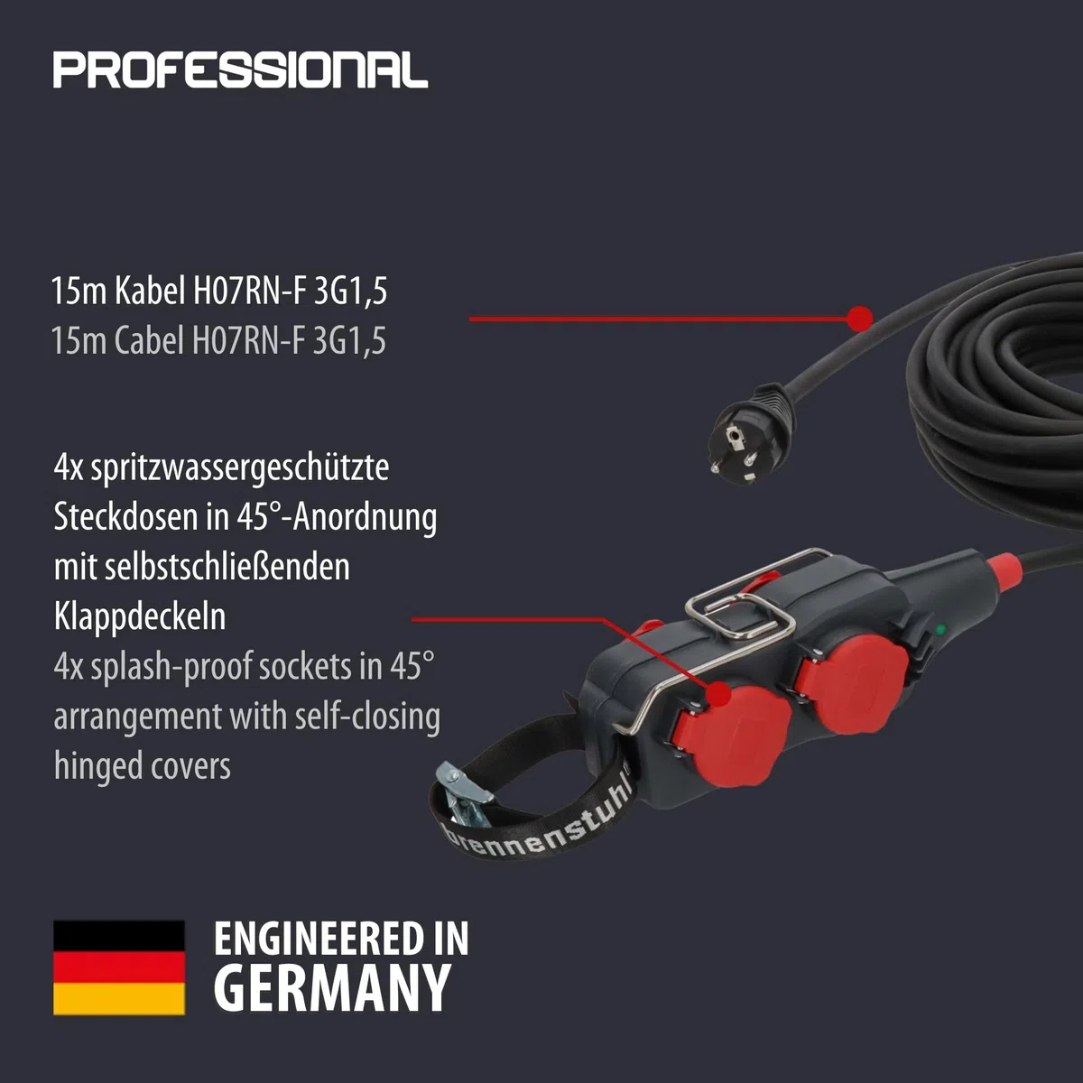 Brennenstuhl Professional listwa zasilająca z przedłużaczem – listwa zasilająca z 4 gniazdami, kabel 15 m w kolorze czarnym, zastosowanie na placu budowy i stałe zastosowanie na zewnątrz, IP54