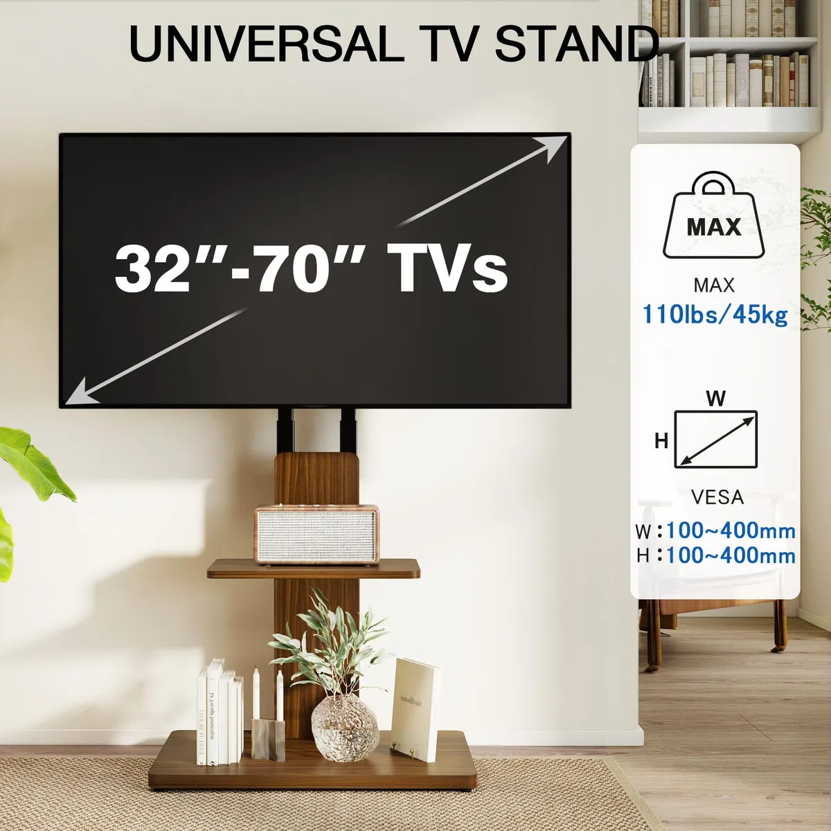 TVON Stojak podłogowy pod telewizor z ukrytymi kółkami, do telewizorów 32–70 cali, z regulacją wysokości, przenośny stojak na telewizor z drewnianą półką, wózek na kółkach, nośność do 45 kg, maks