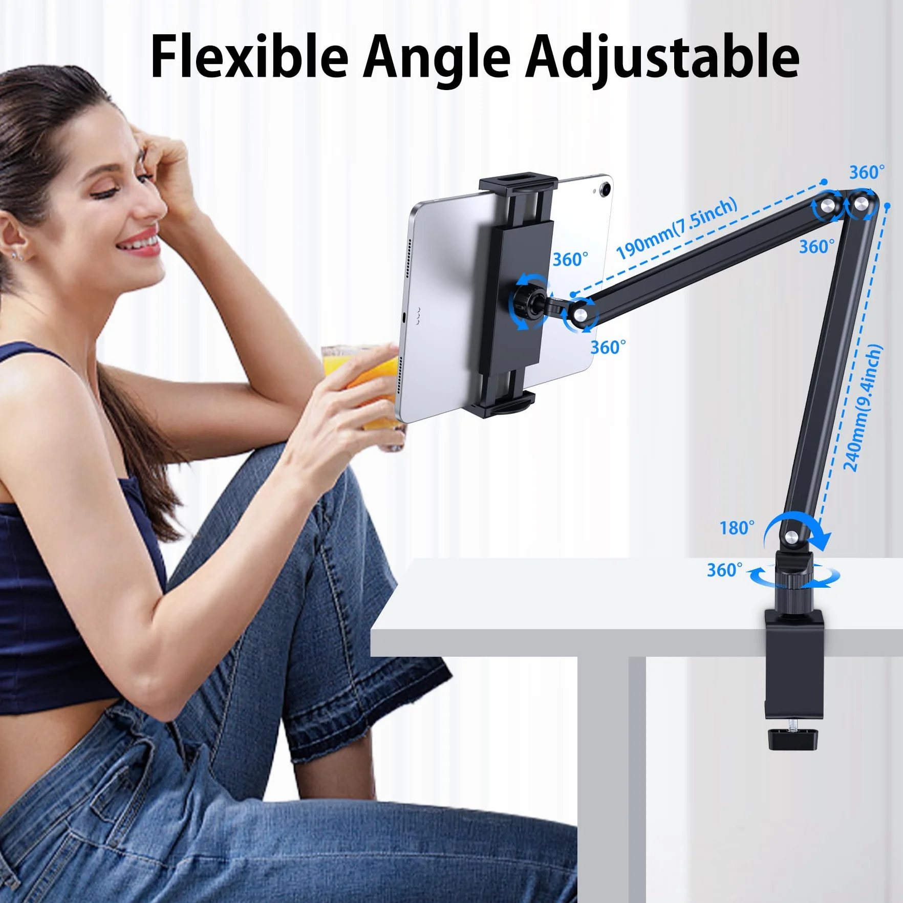 Stojak na tablet, aluminiowy uchwyt na biurko do iPada, uchwyt na ramię tabletu z metalową podstawą obracającą się o 360°, pasuje do iPada Air Pro Mini, telefonów, Samsung Galaxy, Kindle, wszystkich