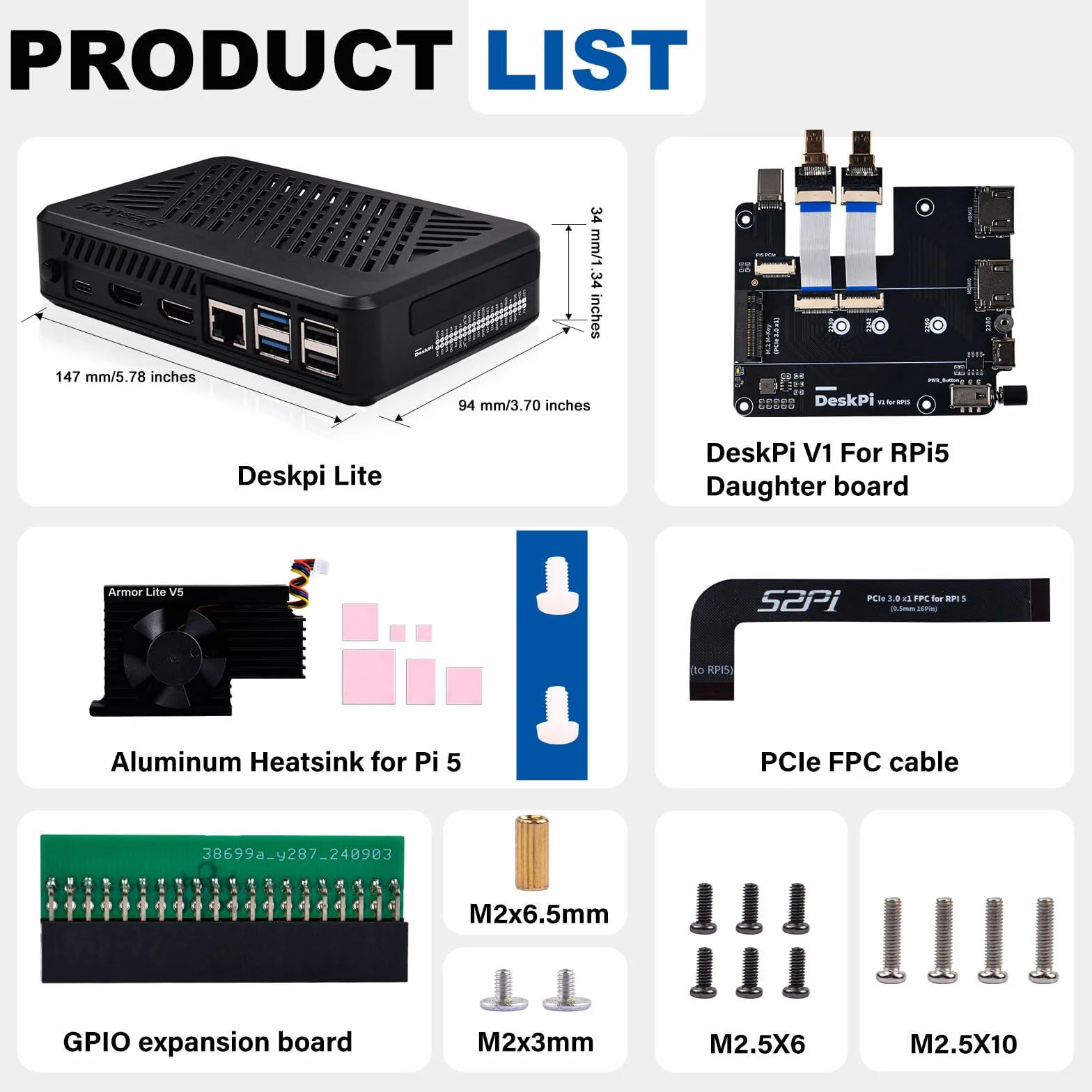GeeekPi DeskPi Lite Pi5 Obudowa z przyciskiem zasilania, PCIe na M.2 HAT, aktywnym chłodzeniem i podwójnym HDMI w pełnym rozmiarze dla Raspberry Pi 5, obsługuje dyski M.2 NVMe M-Key 2230/2242/2260