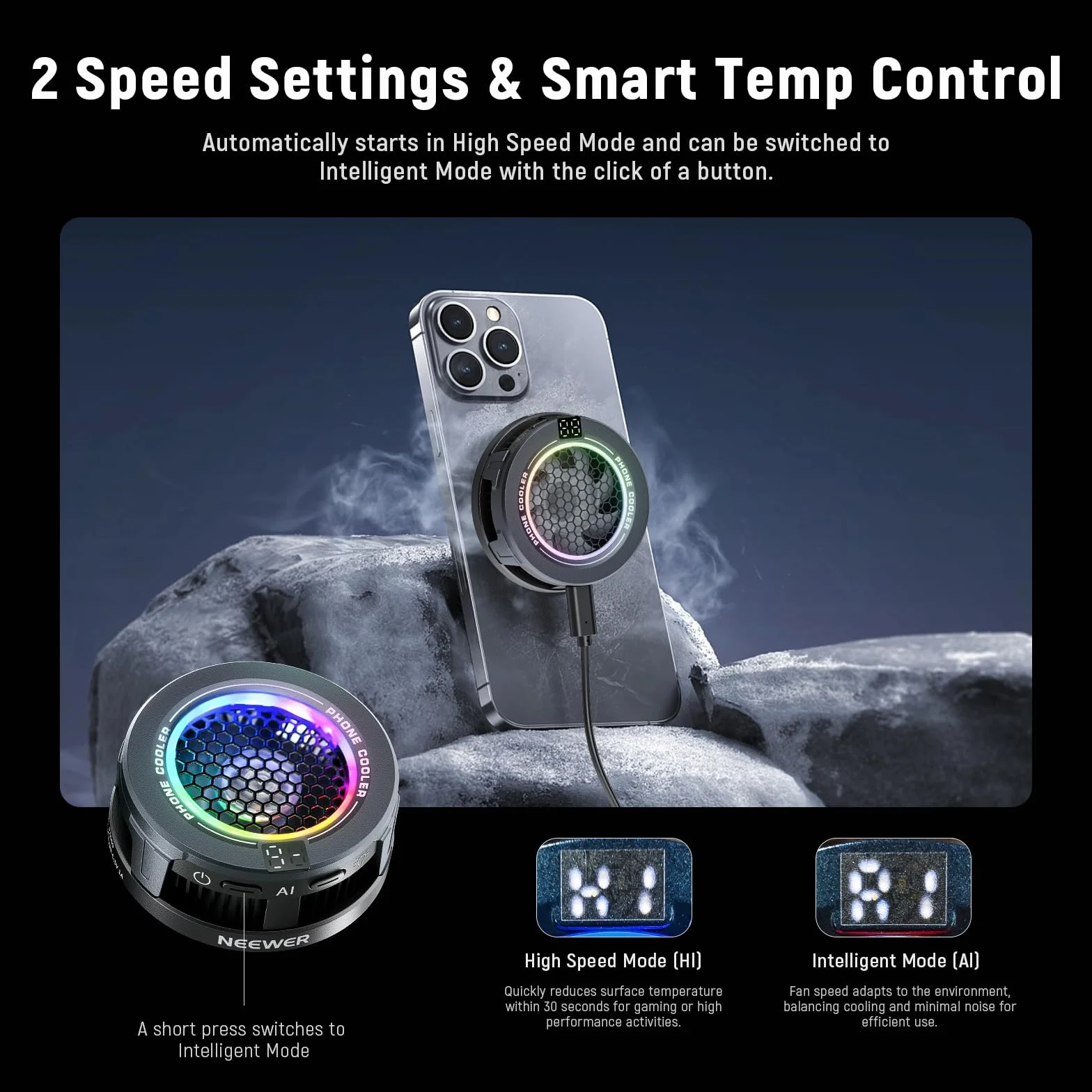 NEEWER Podstawowa chłodnica magnetyczna Telefon wentylator USB RGB inteligentna kontrola temperatury MagSafe iPhone 15 16 Pro Max
