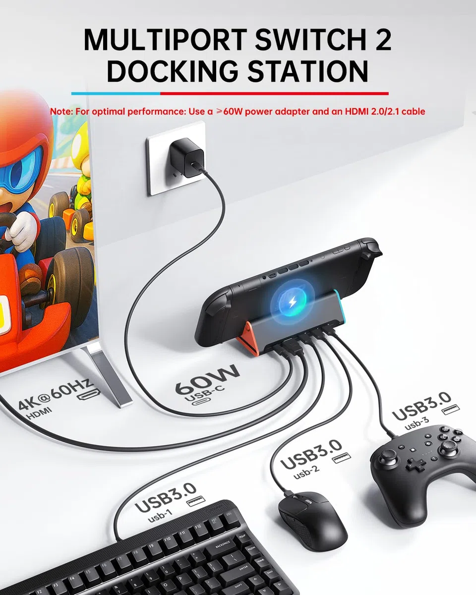 Switch 2 Dock, stacja dokująca Switch 2 z kablem HDMI i kablem do ładowania 60 W, przenośna stacja dokująca 4K do konsoli do gier Nintendo Switch2, podróżna stacja dokująca, zestaw akcesoriów do