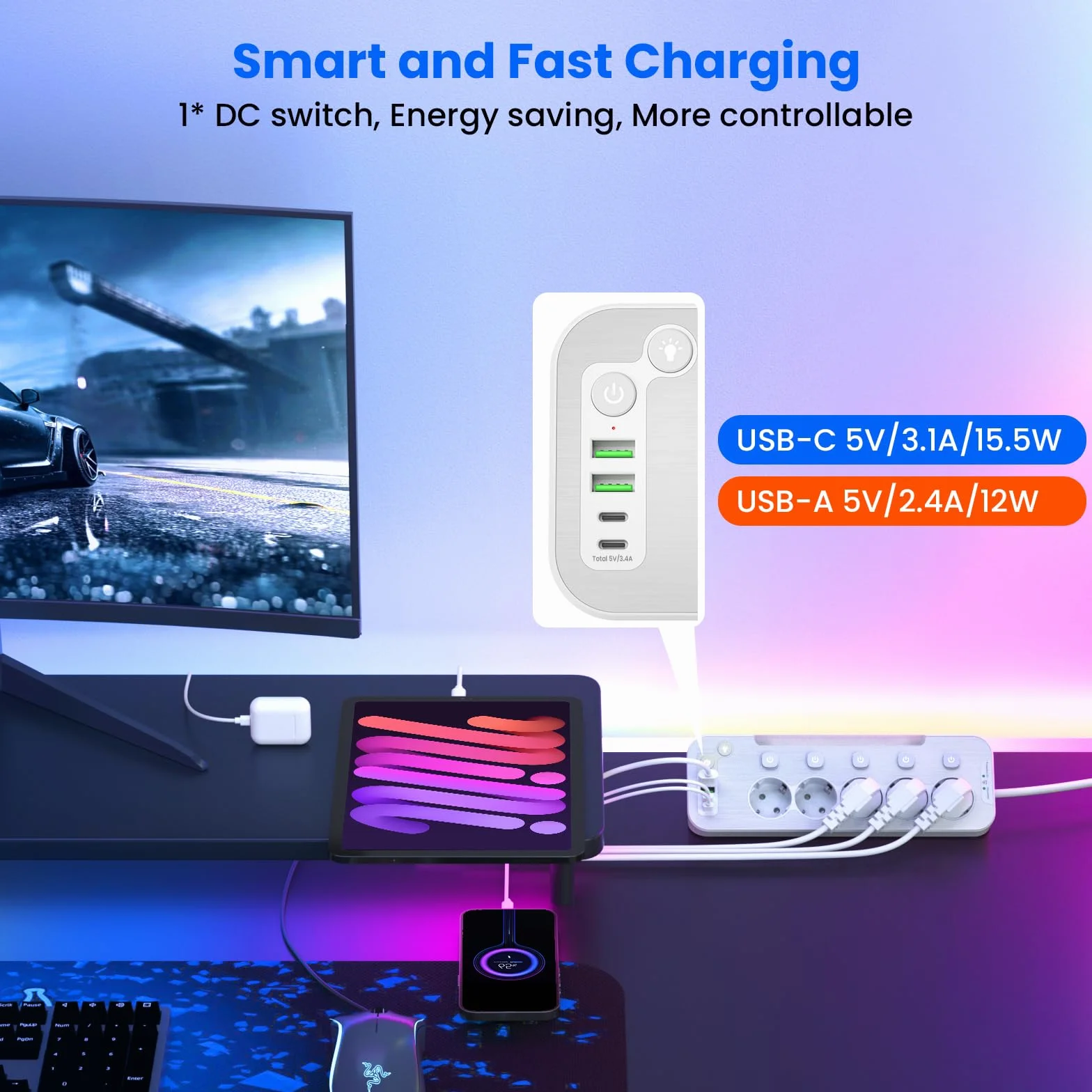 Listwa Zasilająca USB C, Wielokrotne Gniazdo z Wyłącznikami,5 Gniazdka Biurowa Listwa Przeciwprzepięciowa,Metal Listwa Zasilająca do Kuchni z Lampką Nocną,Narożne Gniazda Elektryczne 2M Kabel,Biały