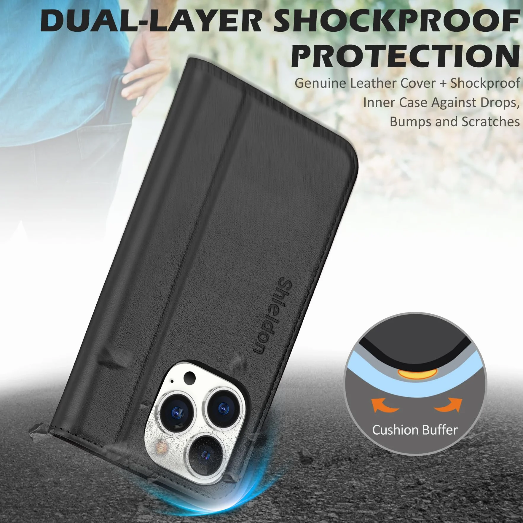 SHIELDON Etui do iPhone 14 Pro 5G, skórzane magnetyczne RFID, odporne etui TPU czarne