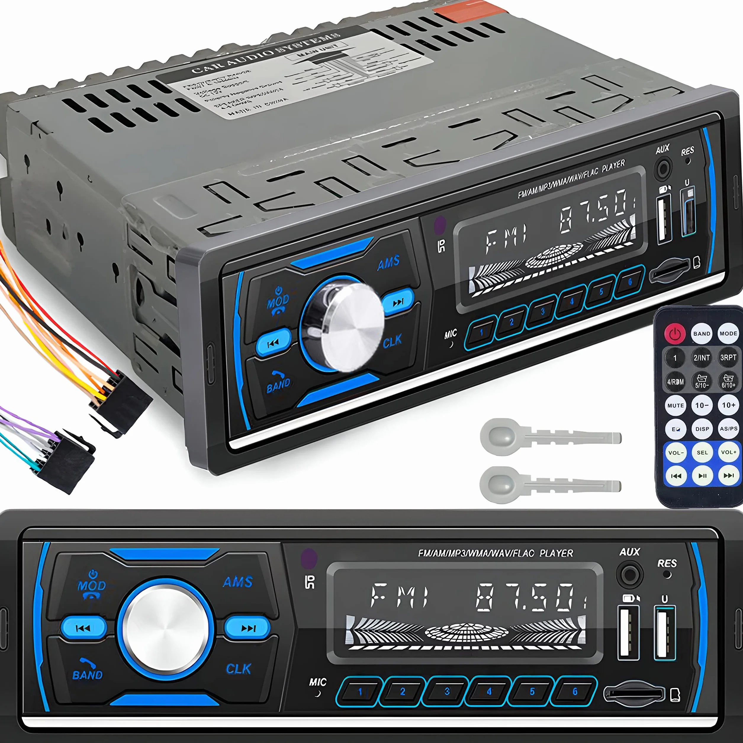 Retoo Radio samochodowe z zestawem głośnomówiącym Bluetooth i pilotem zdalnego sterowania, 1 odtwarzacz MP3 DIN z 2 USB do odtwarzania muzyki i ładowania, kolory RGB, tuner radiowy FM i antena z MP3