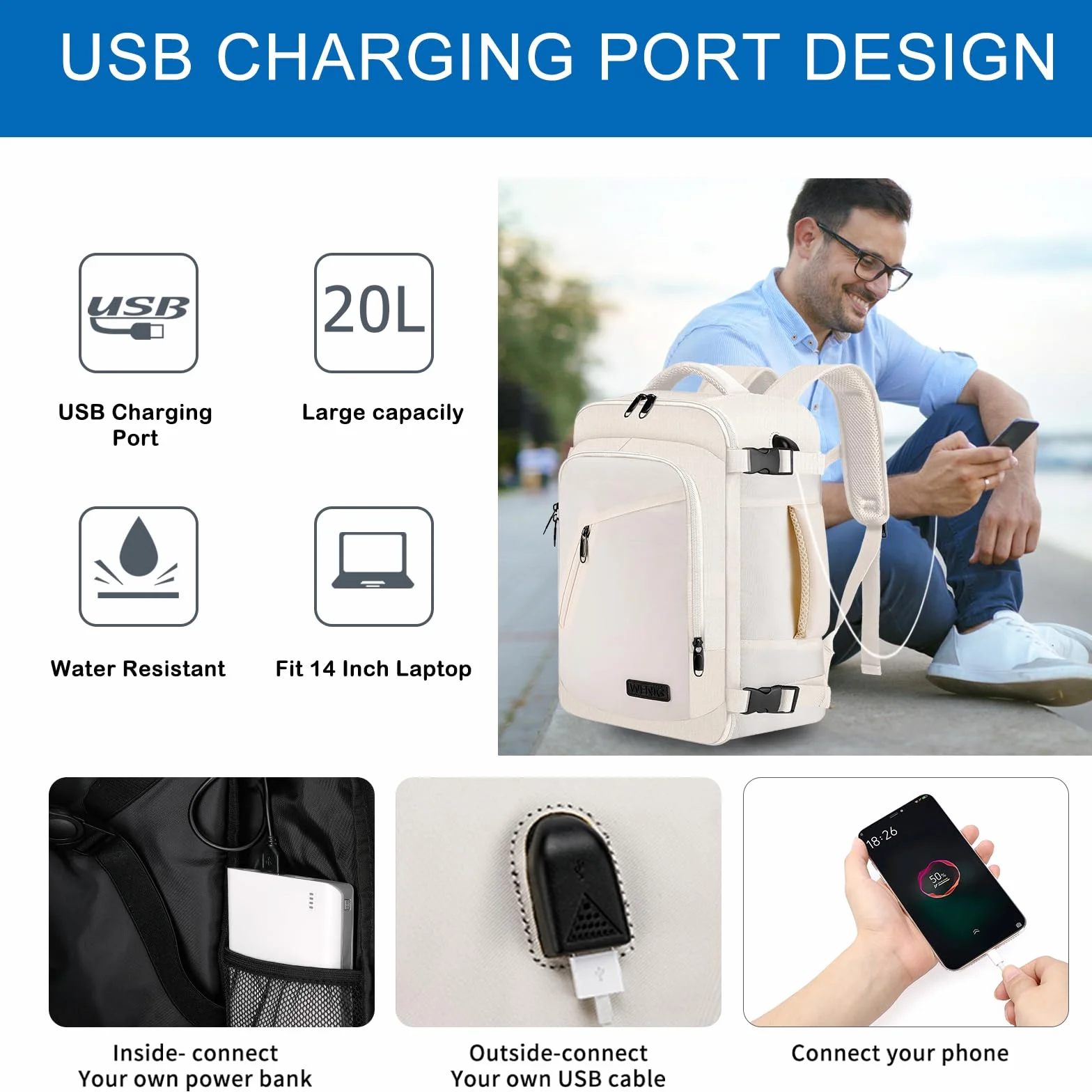 Plecak podróżny z przyłączem USB, beżowy, 40 x 20 x