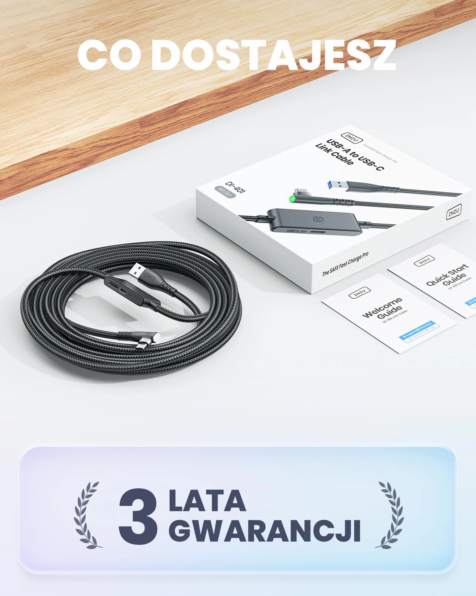 INIU Kabel Link 5 m USB A 3.0 na USB C do Meta Oculus Quest 3/2/Pro Pico 4 Steam VR PC