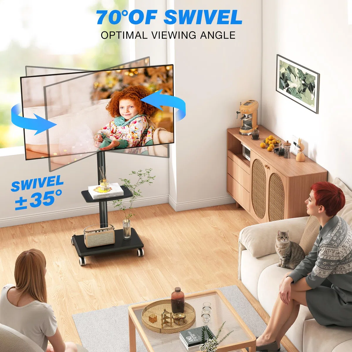 5Rcom Stojak na telewizor na kółkach, do telewizorów 27–55 cali, czarny mobilny wózek telewizyjny, stojak na telewizor z regulacją wysokości i obrotem z drewnianą podstawą, max. VESA 400 x 400 mm