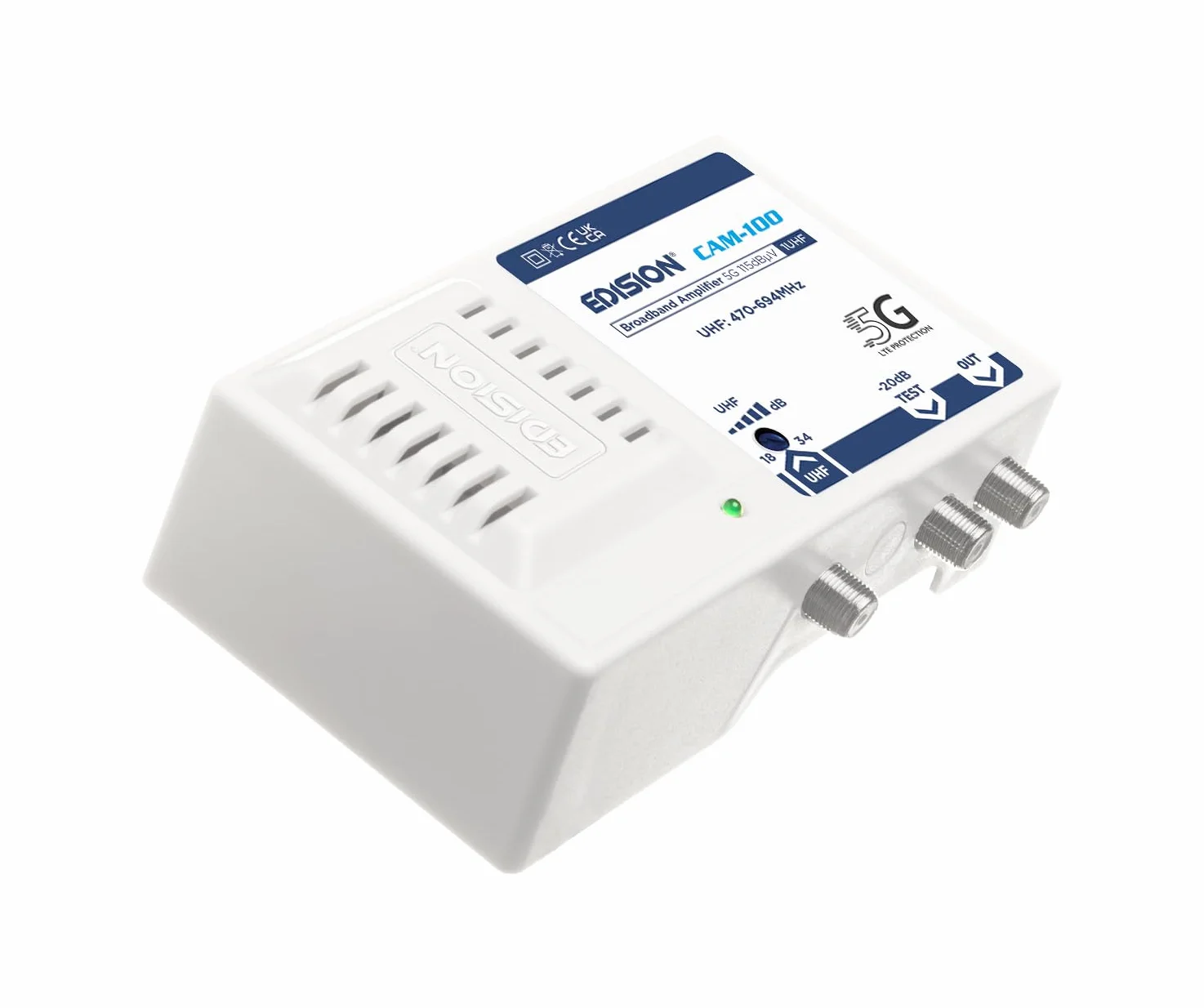 EDISION CAM-100 wzmacniacz szerokopasmowy 1UHF, regulacja 18-34 db, 115 dBmV, wzmacniacz antenowy odpowiedni do naziemnych DVB-T/T2, filtr 5G LTE, zakres częstotliwości UHF 470-694 MHz