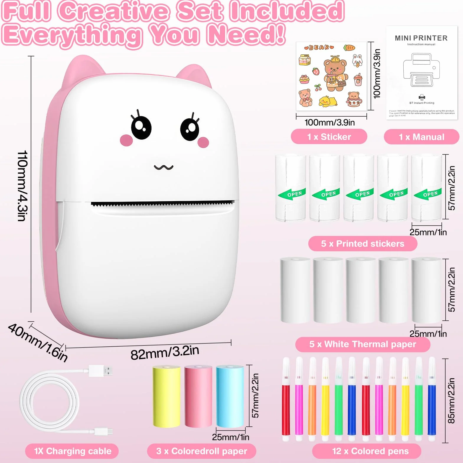 Mini Drukarka - Bluetooth Termiczna Drukarka do Smartfona, Zdjęć, Naklejek i Etykiet, Bez Tuszu, Szybki Druk Notatek, Stron Internetowych, Zdjęć i Stickerów （Różowy）