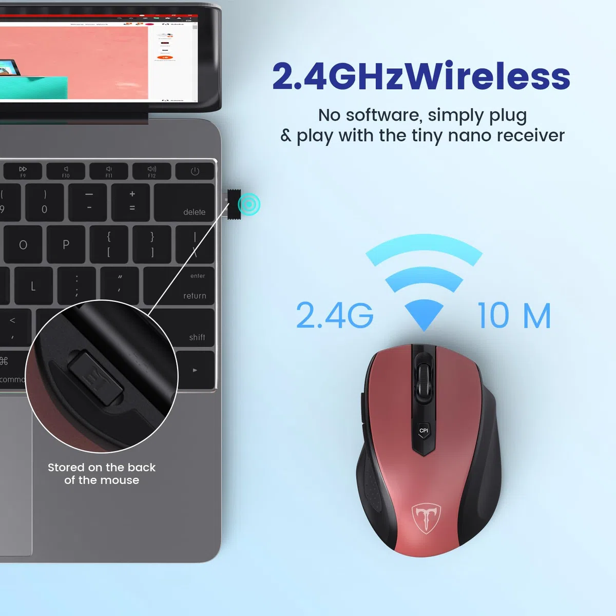 HOTWEEMS Mysz bezprzewodowa, D-09 Mysz komputerowa USB bezprzewodowa mysz do laptopa, uchwyty Ergo, Lightspeed 5-poziomowa 2400 DPI, bateria 16 miesięcy, przenośna do komputera Mac, Chromebook