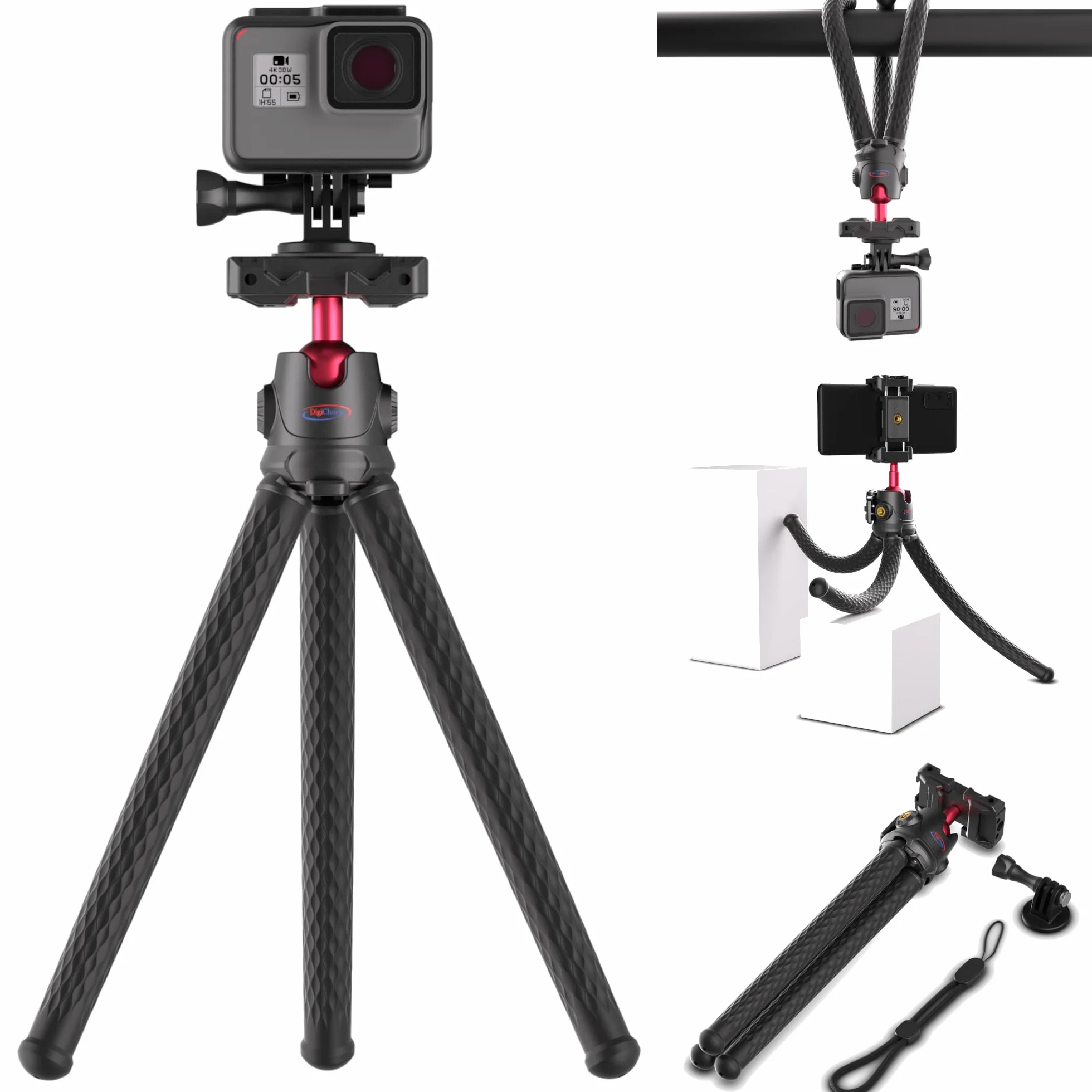 Digicharge Elastyczny statyw do telefonu/kamery sportowej/kamery kompatybilny ze smartfonem/Gopro Hero / Insta360 / aparatami cyfrowymi i DSLR Gorilla Tri Pod Mount Stand