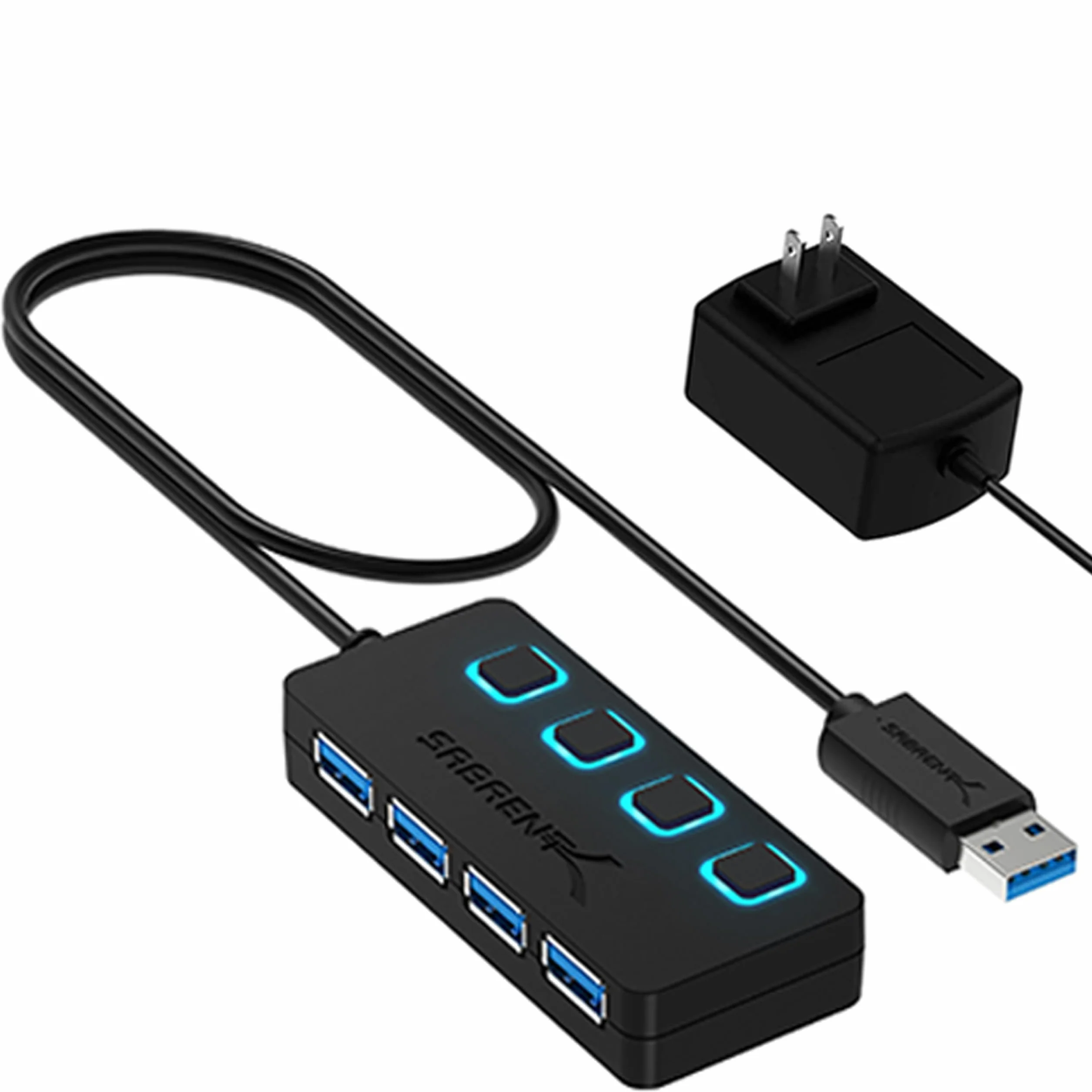SABRENT Hub USB 3.2 Gen 1 4 porty listwa zasilająca USB rozdzielacz przełączniki ON/OFF diody LED zasilacz do PC laptopa