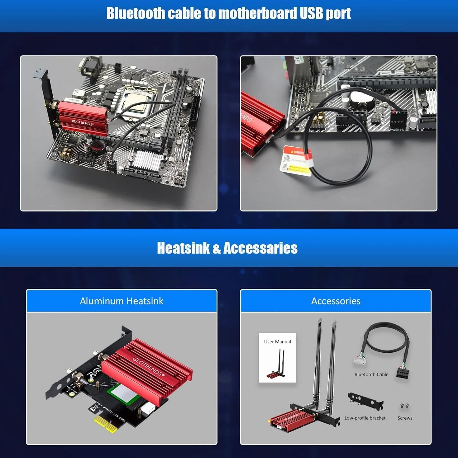 GLOTRENDS AX5400 WiFi 6E Karta PCIe z niskoprofilowym uchwytem do komputera stacjonarnego, chipset Intel AX210, 802.11ax, Bluetooth 5.3, obsługa Windows 11/10/Linux, nie obsługuje Mac OS/Windows 7/XP