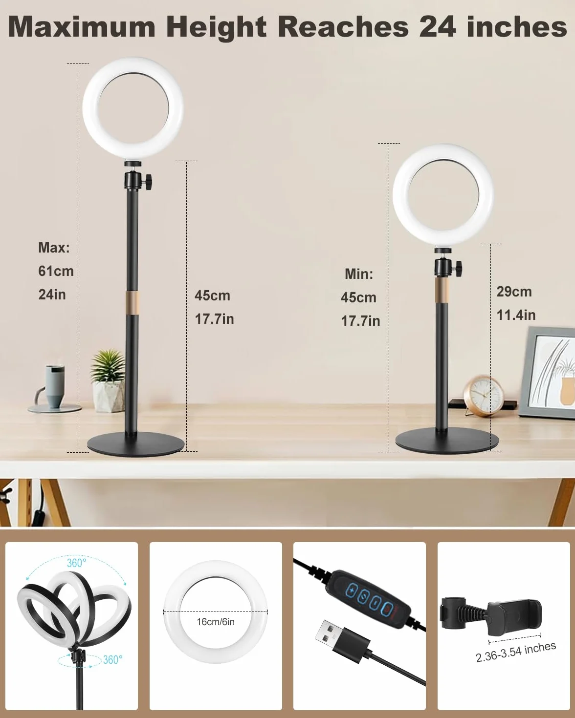 Railee Światło Pierścieniowe z Statywem i Klipsem 6'' Lampa Pierścieniowa ze Uchwyt na Telefon Oświetlenie Wideokonferencji do Laptopa Komputera Monitora Selfie Vlog Makijażu Strumieniowania na Żywo