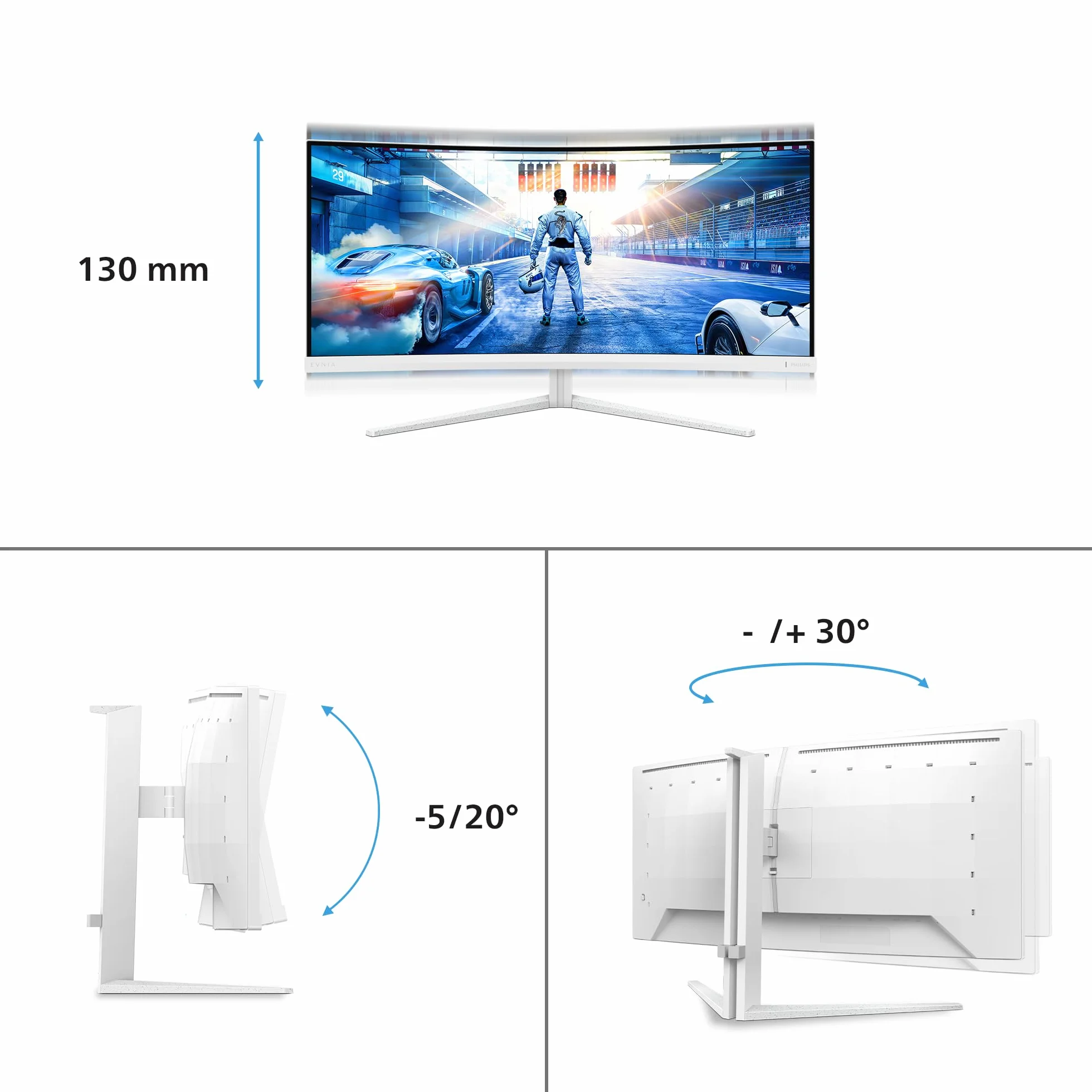 Philips Evnia 34M2C5501A - 34" WQHD zakrzywiony monitor do gier, 180 Hz, 1 ms, FreeSync Premium, Ambiglow (3440 x 1440, 2 x HDMI 2.0, 1 x DisplayPort 1.4, koncentrator USB), biały