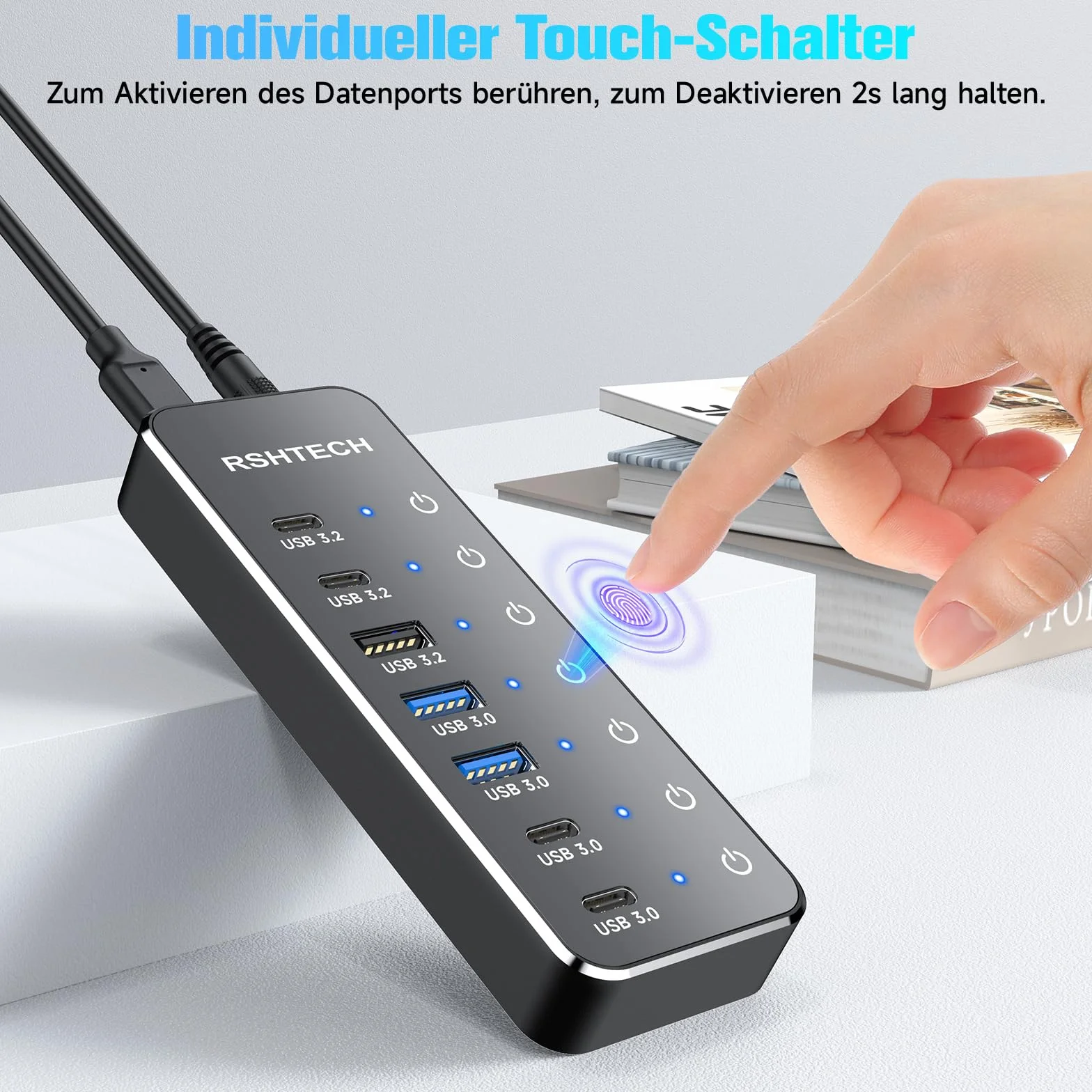 RSHTECH 7-portowy koncentrator USB C 3.2 aktywny z zasilaczem sieciowym – koncentrator USB 3.1 Gen2 z 3 portami 10 Gbps (typ A, 2 x typ C), 3,0 5 Gbps (2 x Ty-A, 2 * Ty-C) - kabel do transmisji danych
