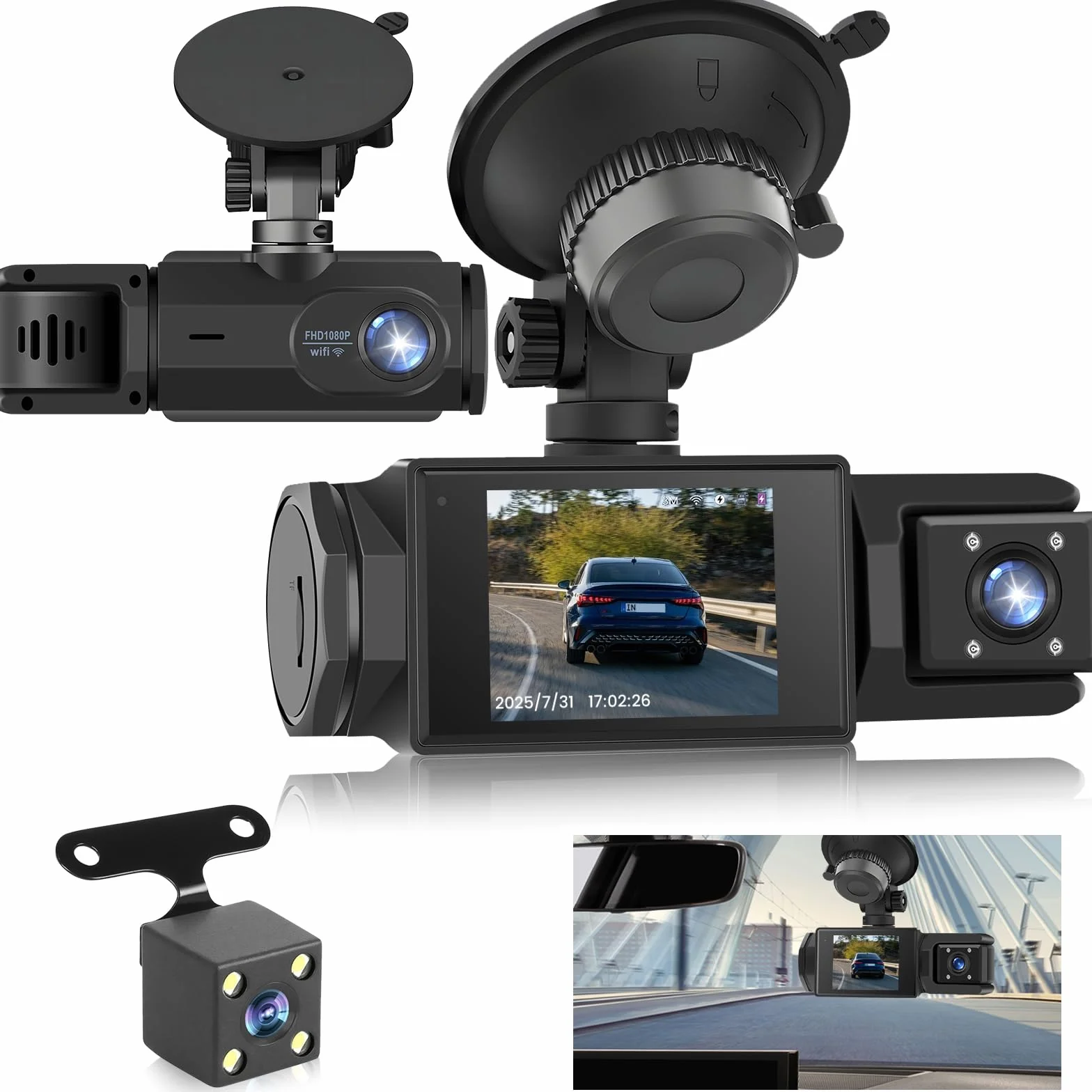 Bezprzewodowa kamera samochodowa Dash Cam WiFi – 3 kanały wewnętrzne z tyłu, Full HD 1080P, 2" IPS, noktowizor, wykrywanie ruchu, pętla, karta 64 GB w zestawie, obiektyw obrotowy