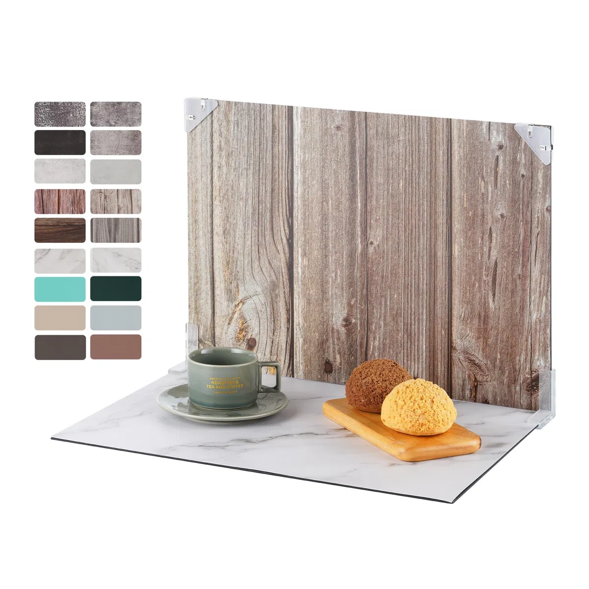Zestaw tła do zdjęć, 30 x 40 cm, do małych produktów, reflektor | Karton i 9 sztuk, dwustronny papier podkładowy z 18 wzorami do artykułów spożywczych, biżuterii, kosmetyków