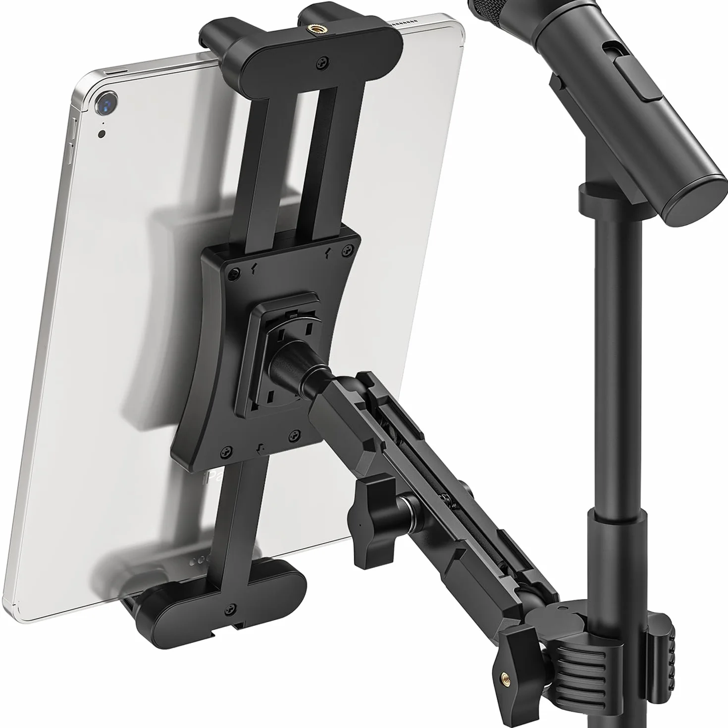 Uchwyt mikrofonowy do tabletu, uchwyt na tablet, stojak mikrofonowy, regulowany, obracany o 360°, kompatybilny z iPadem, iPad Pro, iPad Air, iPhone, smartfonami i tabletami o przekątnej ekranu