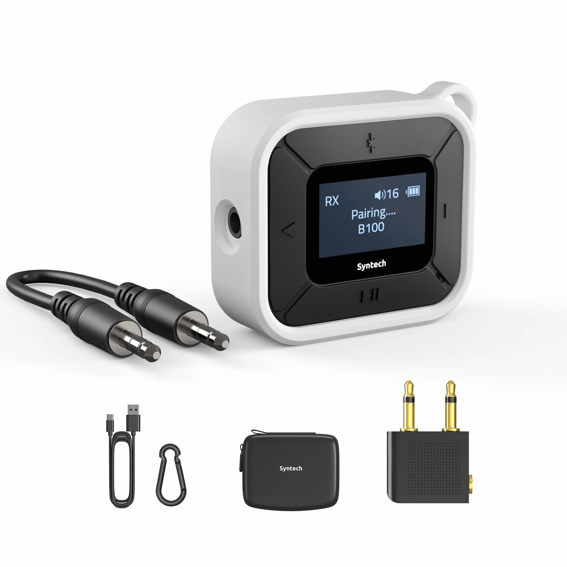 Syntech Samolotowy nadajnik-odbiornik Bluetooth z podwójnym adapterem AUX 3,5 mm, wyświetlaczem LED Adapter Dual Link Bluetooth 5.3 do AirPods bezprzewodowych słuchawek samochodowych