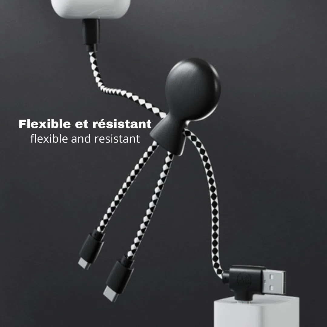 Xoopar - Mr Bio 4w1 kabel Multi USB w kształcie czarnej ośmiornicy - uniwersalna ładowarka z tworzywa sztucznego z recyklingu - gniazdo USB, USB-C, Lightning, Micro USB do uniwersalnego smartfona