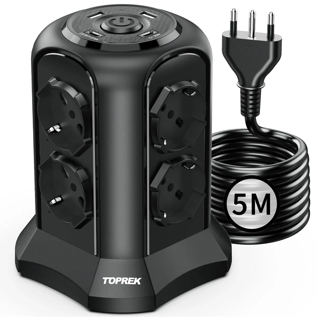 TOPREK Pionowe gniazdo wtykowe z 8 uniwersalnymi gniazdami ITA 10/16A i Schuko i 2 USB C i 2 USB A (1 20 W PD3.0 Szybkie ładowanie), kabel 5 m, 4000 W/16 A, listwa zasilająca z przełącznikiem, wtyczka