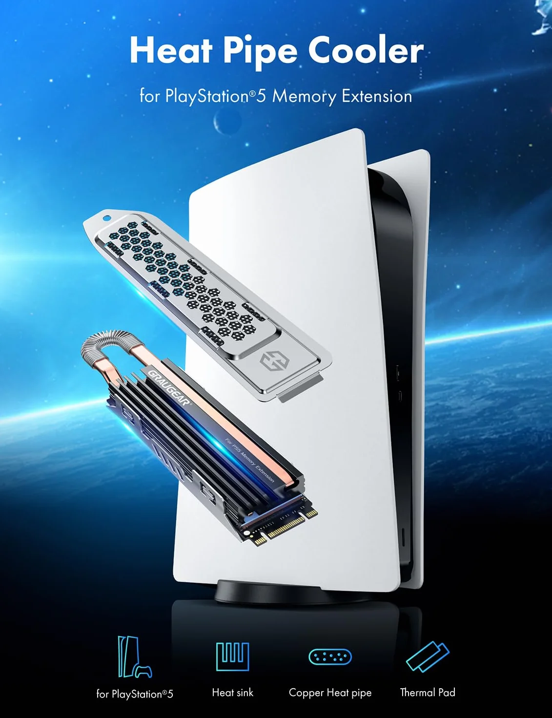 GRAUGEAR Radiator HeatPipe do M.2 NVMe SSD (2280), Playstation 5, PS5 Slim, do rozszerzenia pamięci PS5, z osłoną chroniącą przed kurzem.