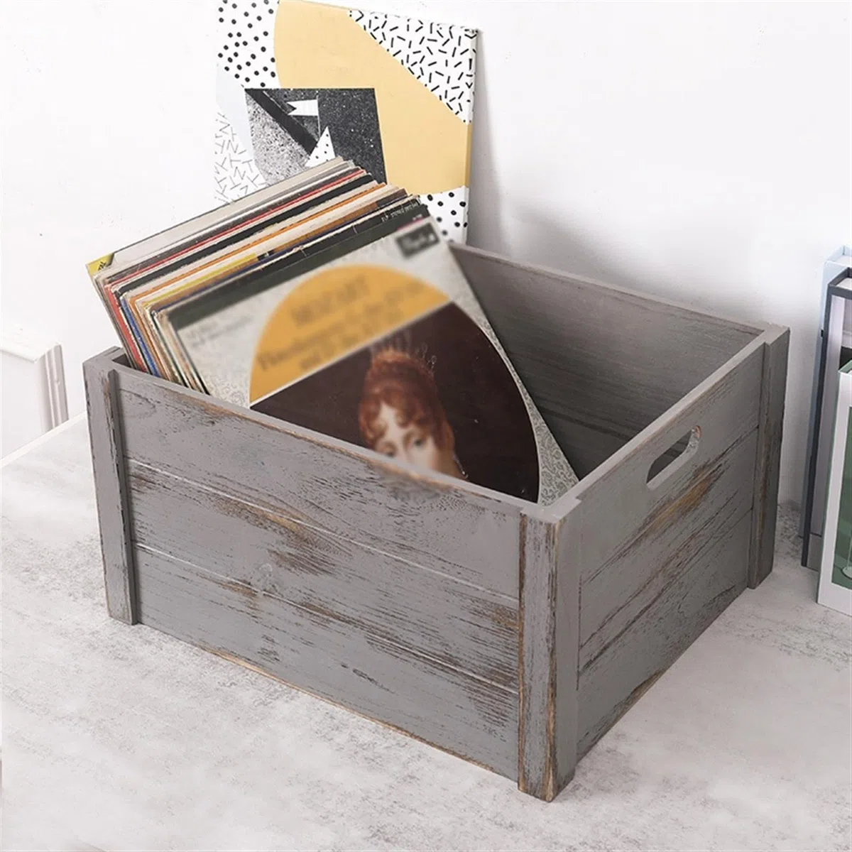 Pudełko do przechowywania płyt CD Skrzynia do przechowywania płyt winylowych, futerał w stylu retro z uchwytem, ​​drewniany uchwyt albumów, pudełko organizerem na studia(Grijs)