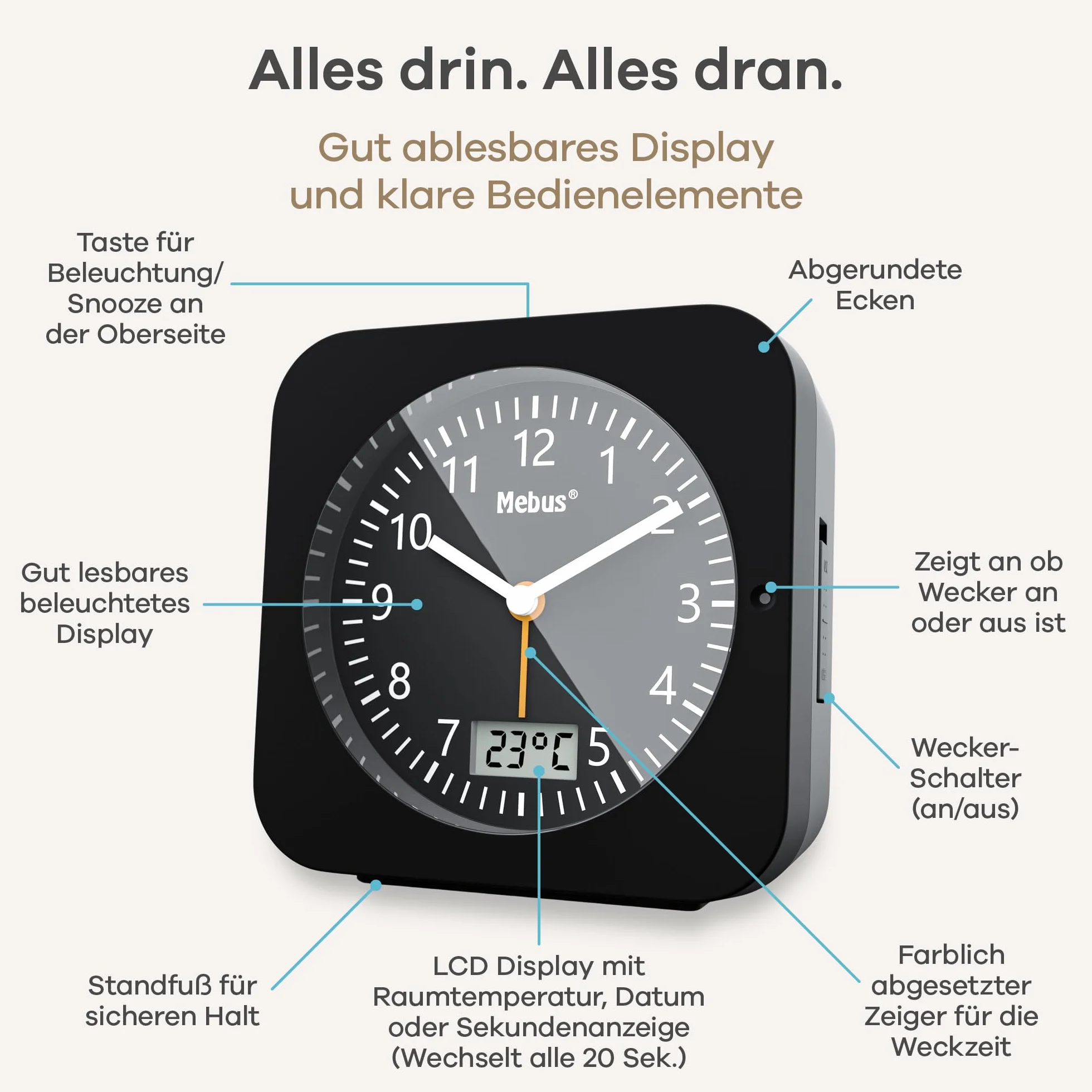 MEBUS Funk-Wecker mit Thermometer/Datumsanzeige, Schlummerfunktion, großes Display/Quadratisch/Hintergrundbeleuchtung/Farbe: Schwarz/Modell: 25609