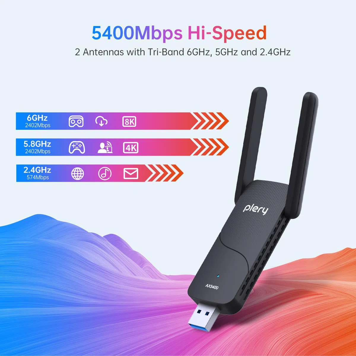 AX5400 adapter USB WiFi 6E do komputera stacjonarnego - trójpasmowy 6 GHz/5 GHz/2,4 GHz dla ultraszybkich prędkości, bezprzewodowy klucz sieciowy USB 3.0 dalekiego zasięgu z podwójnymi antenami o