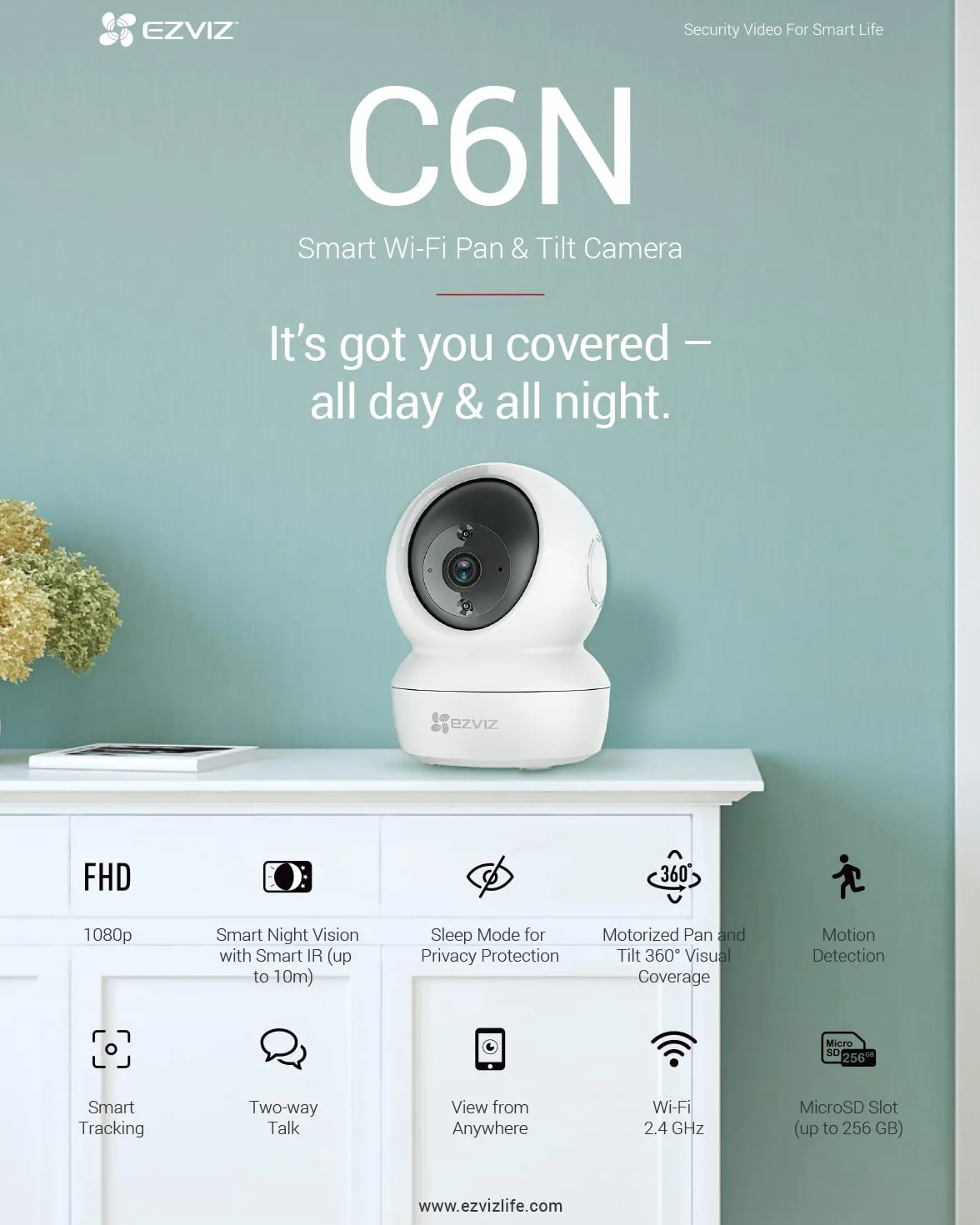 EZVIZ C6N Wewnętrzna kamera nadzorująca WiFi 1080p, 360° Pan/Tilt, WiFi 2,4 Ghz, inteligentne noktowizory z inteligentnym podczerwienią, automatyczne wykrywanie ruchu i śledzenie, dwukierunkowy dźwięk