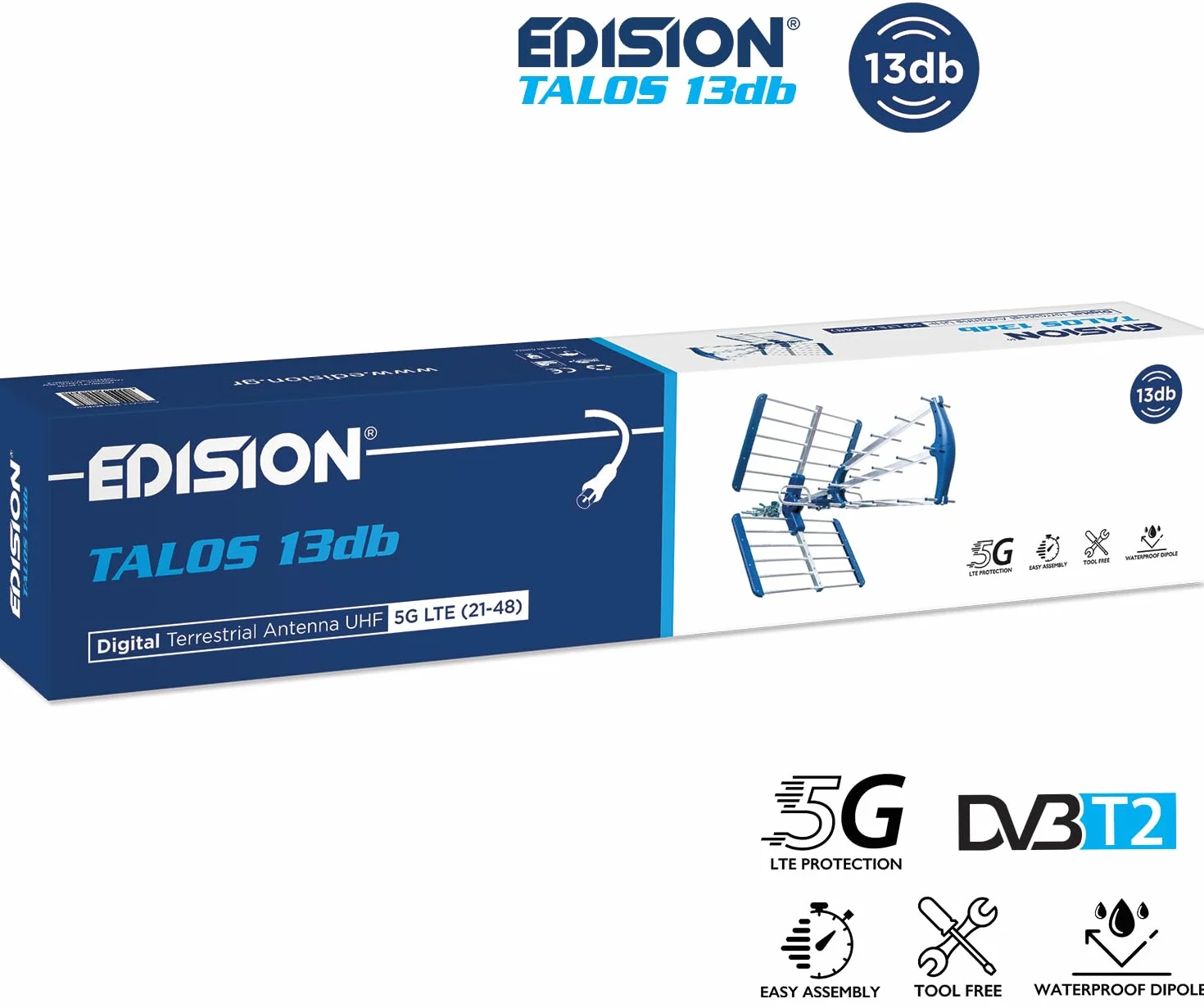 EDISION TALOS 13db Potrójna cyfrowa antena naziemna UHF 21-48, z odcięciem 5G LTE, idealna do odbioru kanałów cyfrowej telewizji naziemnej DVB-T/T2, długość 47cm, niebieska i aluminiowa