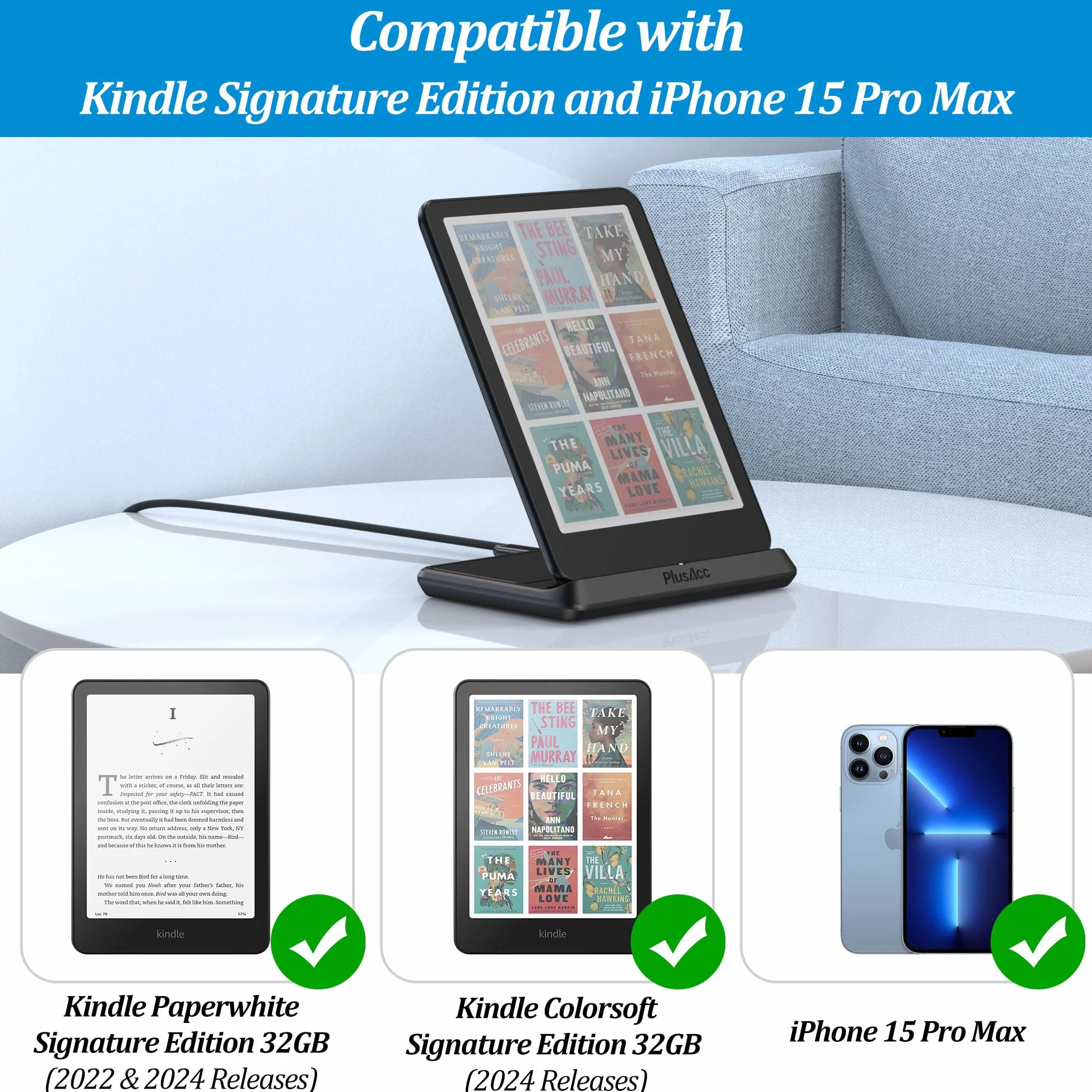 PlusAcc Bezprzewodowa ładowarka do Kindle Paperwhite Signature Editions (modele 2022 i 2024) i Colorsoft Signature Edition (32 GB), przenośny składany stojak ładujący kompatybilny z iPhone 13 Pro MAX