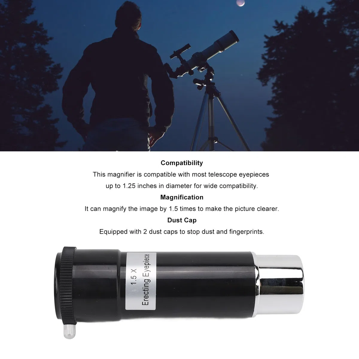 Soczewka Barlowa 1,5X, Soczewki Barlowa do Teleskopów z Dwiema Osłonami Przeciwpyłowymi, Akcesoria do Teleskopów 1,25 Cala do zastosowań Astronomicznych i Fotograficznych