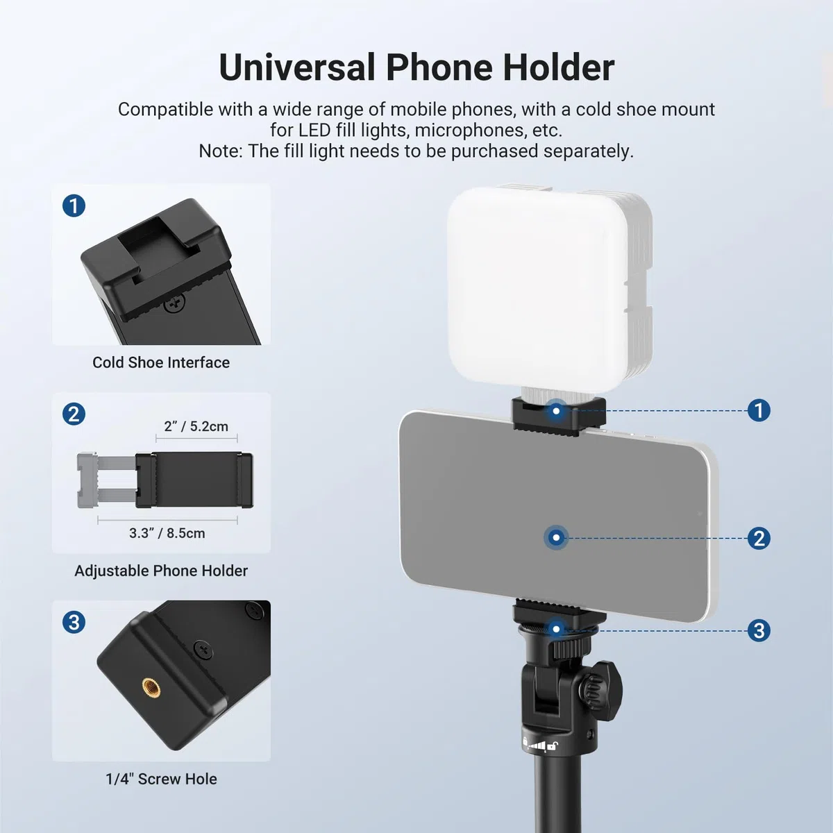 NEEWER BASICS ST012 Stojak na światło ze śrubą 1/4 cala i uchwytem na telefon, regulowany statyw ze stopu aluminium z odłączanymi kółkami do fotografii, oświetlenia wideo, telefonu komórkowego