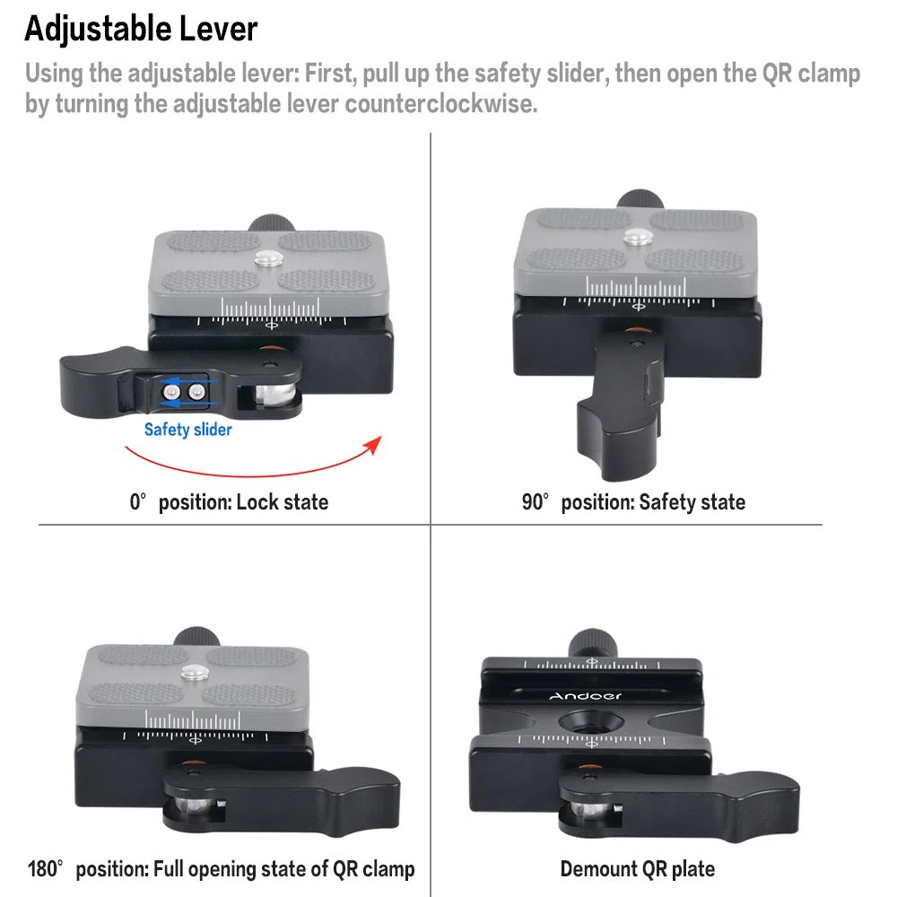 Andoer CL-50LS Quick Release Plate z regulowaną dźwignią przycisk 1/4" i 3/8" otwór na śrubę płyta statywu do Arca Swiss Standard płytka szybkozłączka głowica kulowa statyw