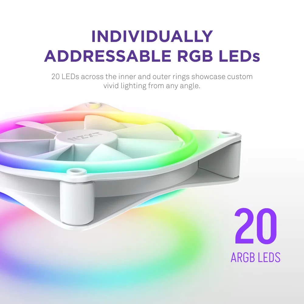 NZXT F120 RGB Duo Triple Pack - 3x Wentylatory RGB 120mm + Hub - Biały | Trzy wentylatory RGB 120mm dwustronne z kontrolerem. Po 20 adresowalnych diod LED, zrównoważona wydajność, RGB przez CAM.